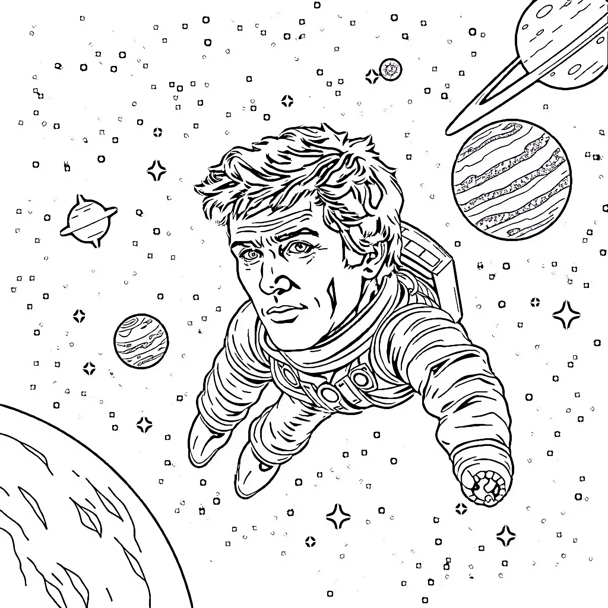 Steve McQueen in Space Adventure Coloring Page (free black-and-white line drawing printable PDF for all, from beginners to advanced learners, including children, teens, adults, and seniors)