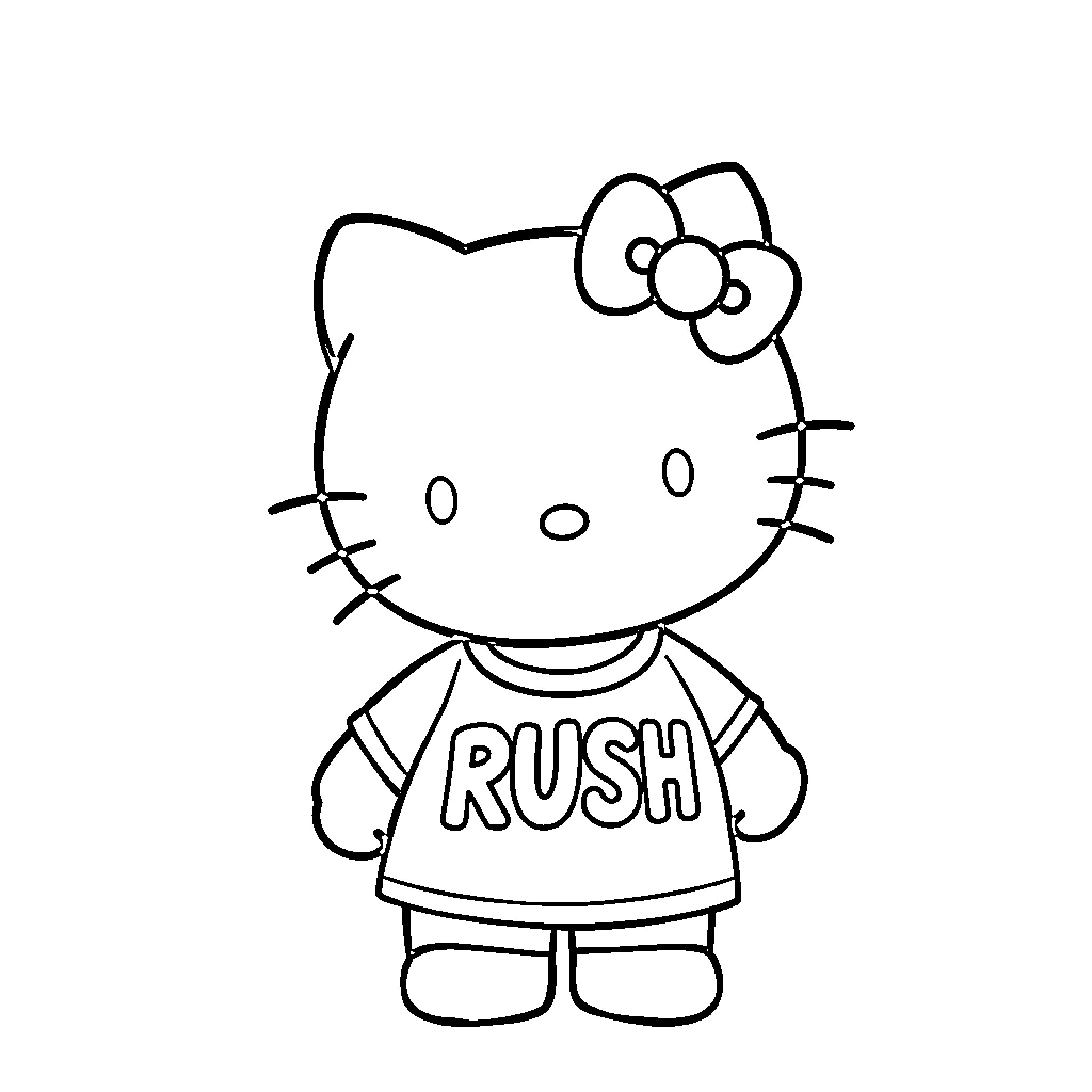 Hello Kitty playing in a Rush t-shirt Coloring Page (free black-and-white line drawing printable PDF for all, from beginners to advanced learners, including children, teens, adults, and seniors)