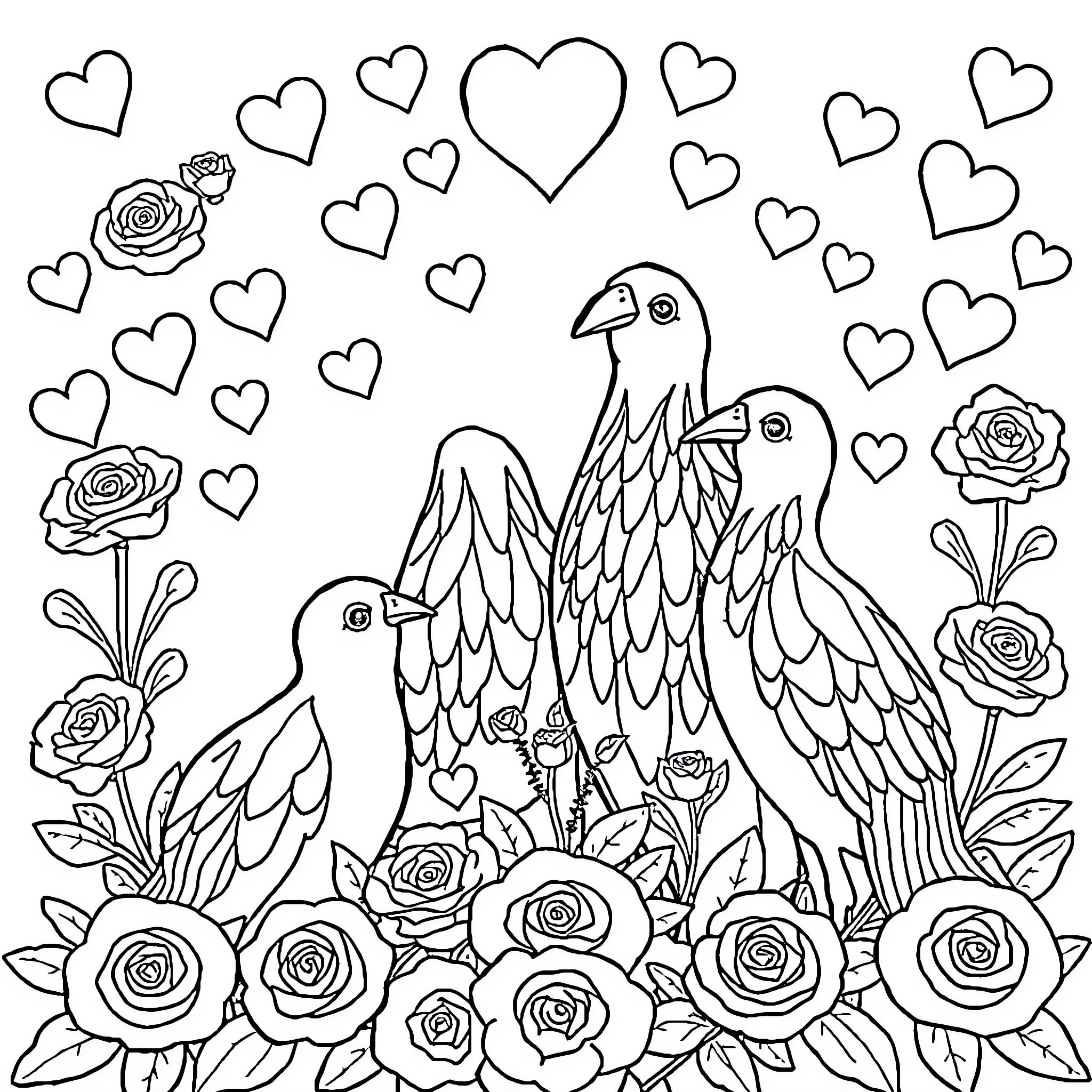 Unicorn birds surrounded by hearts and roses Coloring Page (free black-and-white line drawing printable PDF for all, from beginners to advanced learners, including children, teens, adults, and seniors)