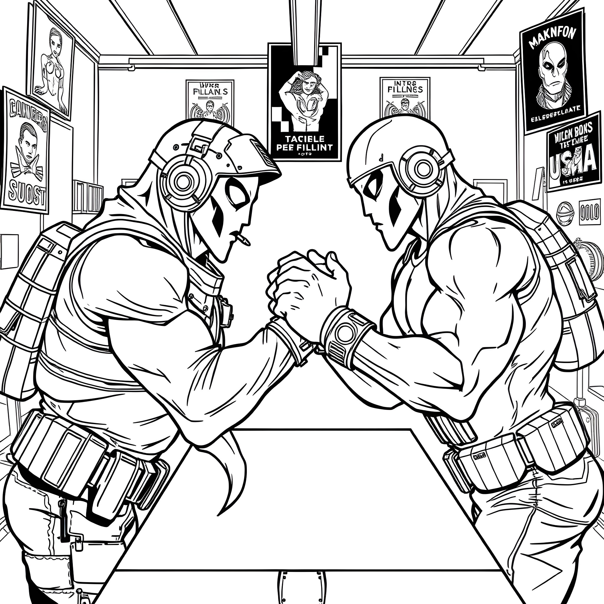 Ghost Arm-wrestlers battle in a surreal arena Coloring Page (free black-and-white line drawing printable PDF for all, from beginners to advanced learners, including children, teens, adults, and seniors)