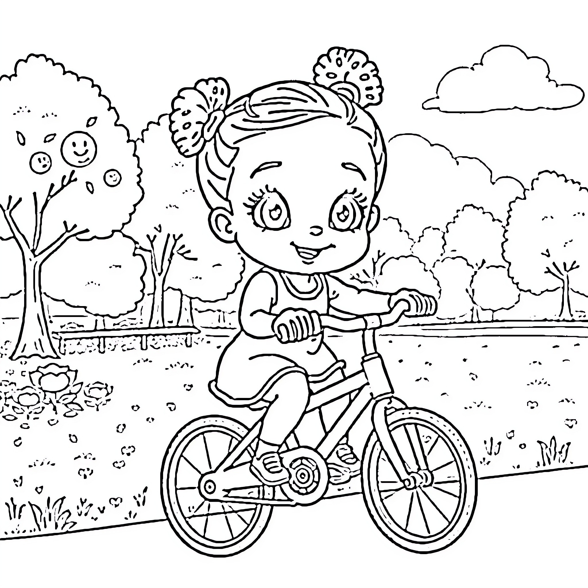 Girl riding bicycle through colorful outdoor scene Coloring Page (free black-and-white line drawing printable PDF for all, from beginners to advanced learners, including children, teens, adults, and seniors)