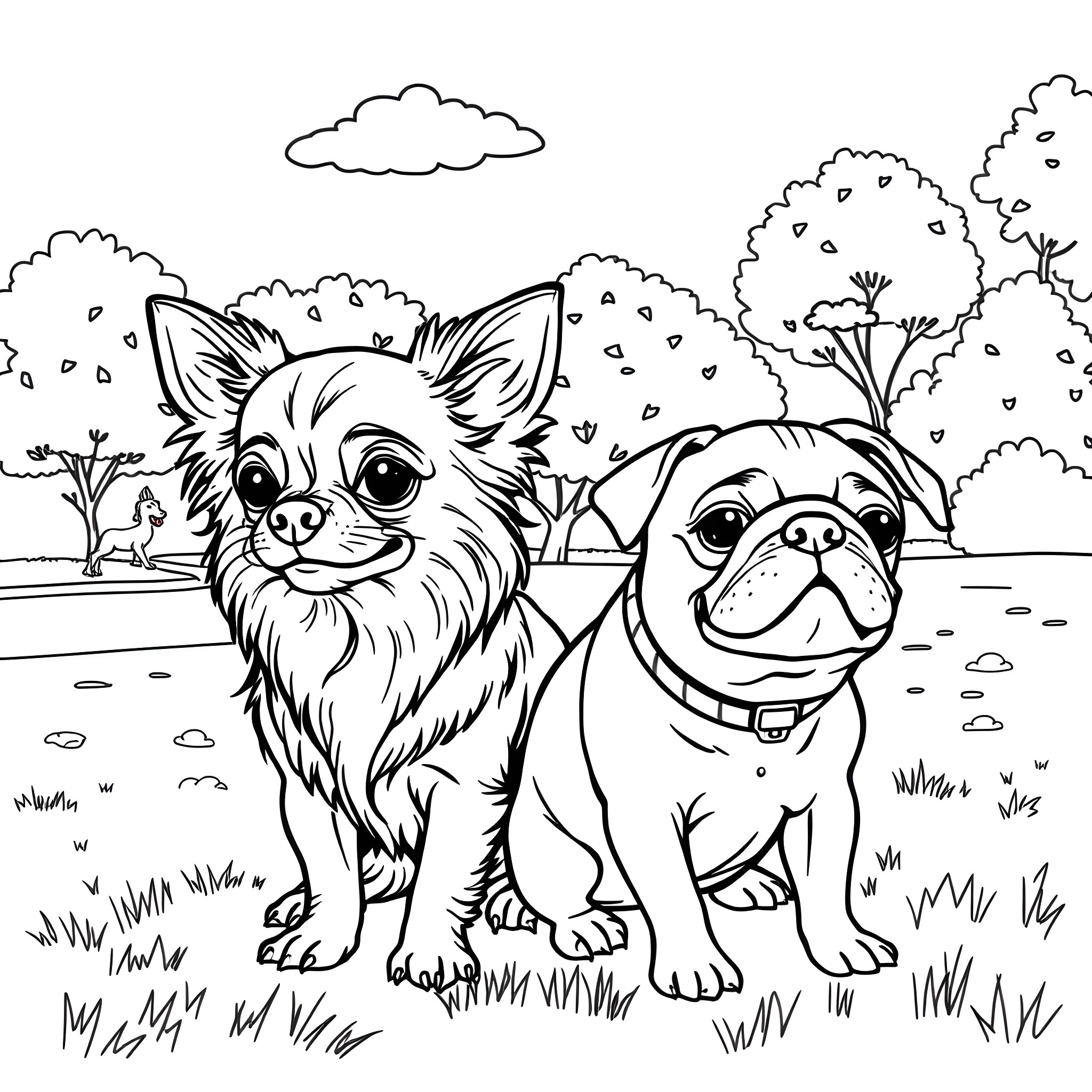 Dog friends exploring the nature Coloring Page (free black-and-white line drawing printable PDF for all, from beginners to advanced learners, including children, teens, adults, and seniors)