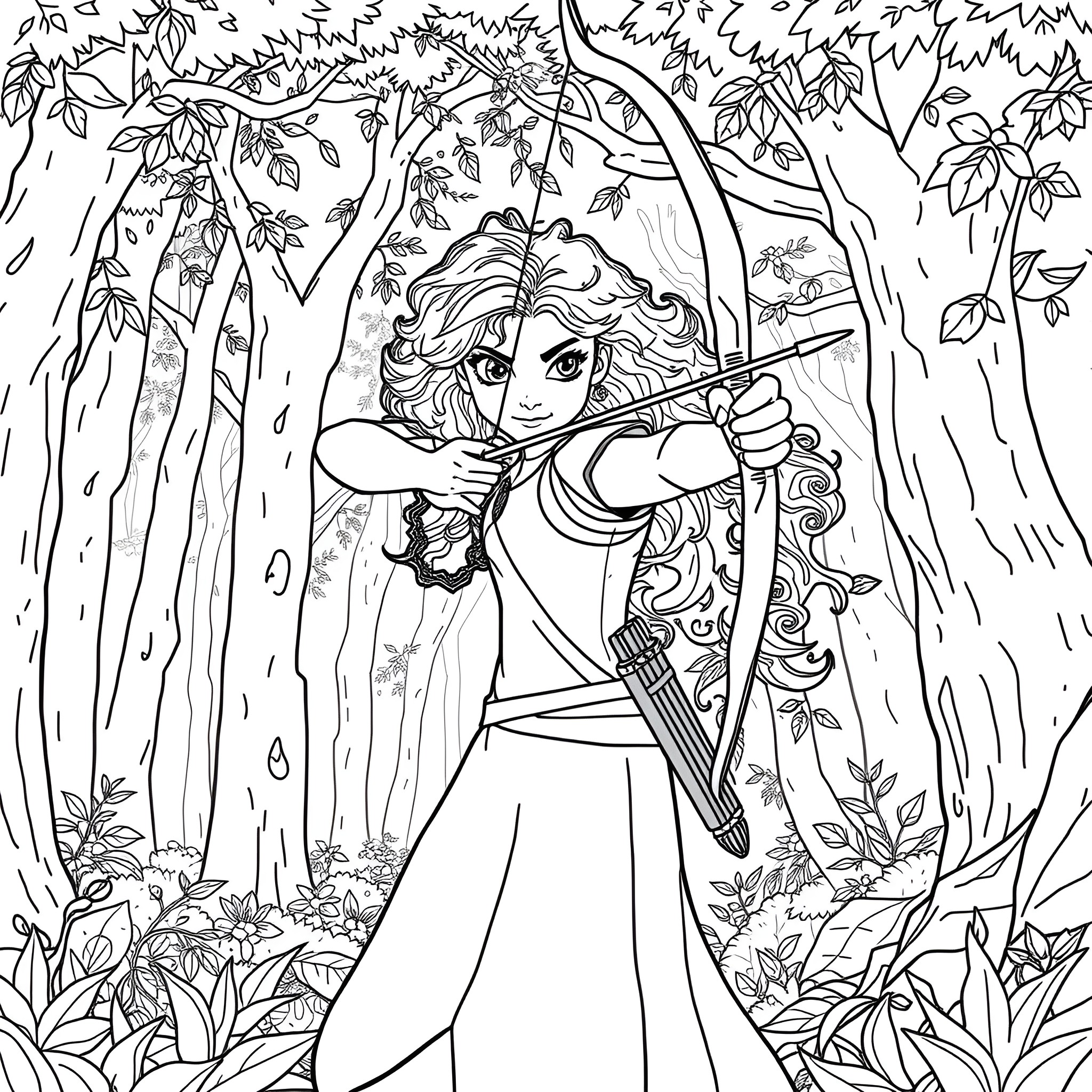 Merida Bravely Aiming Her Bow in the Enchanted Forest Coloring Page (free black-and-white line drawing printable PDF for all, from beginners to advanced learners, including children, teens, adults, and seniors)