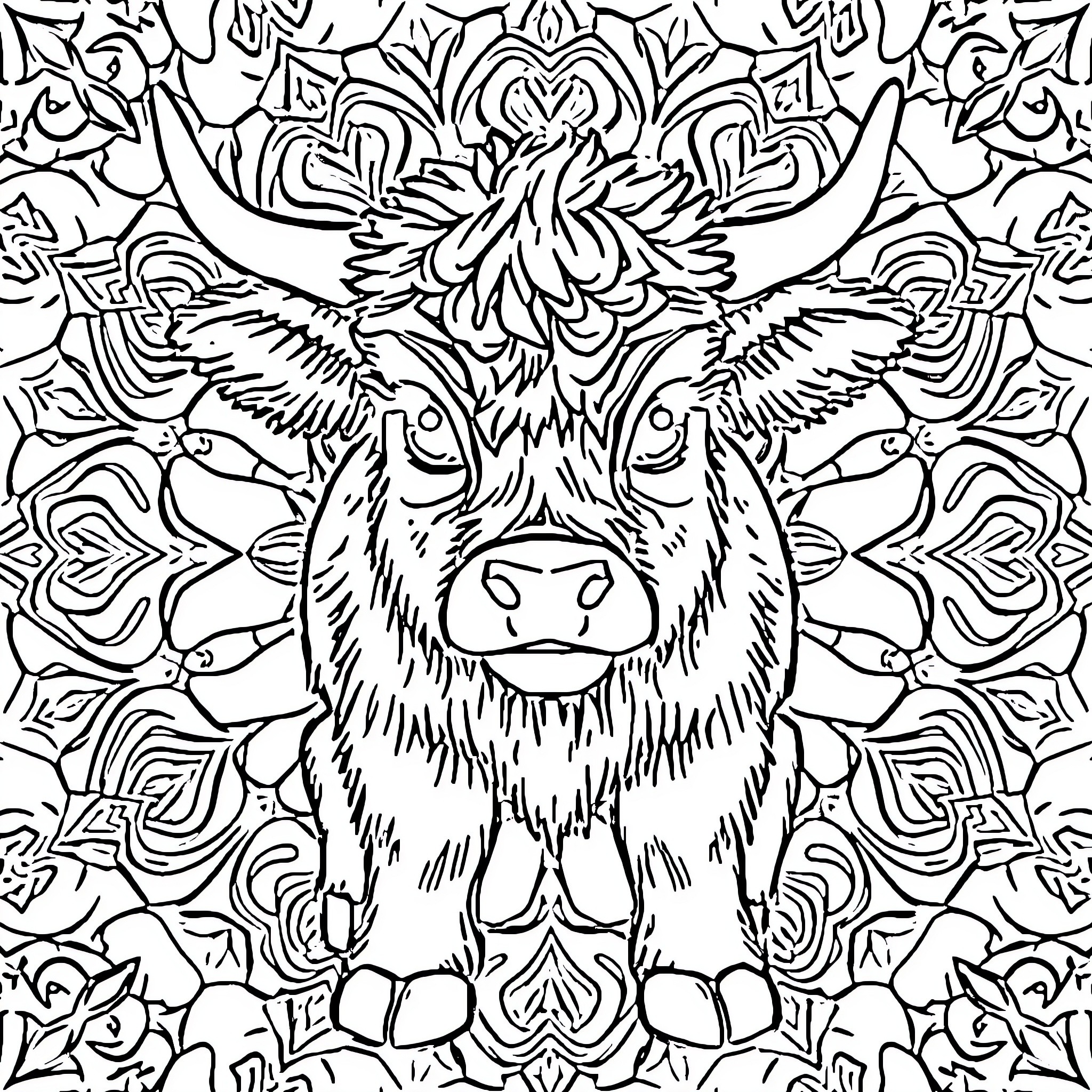Highland Cow adorned with intricate floral patterns Coloring Page (free black-and-white line drawing printable PDF for all, from beginners to advanced learners, including children, teens, adults, and seniors)