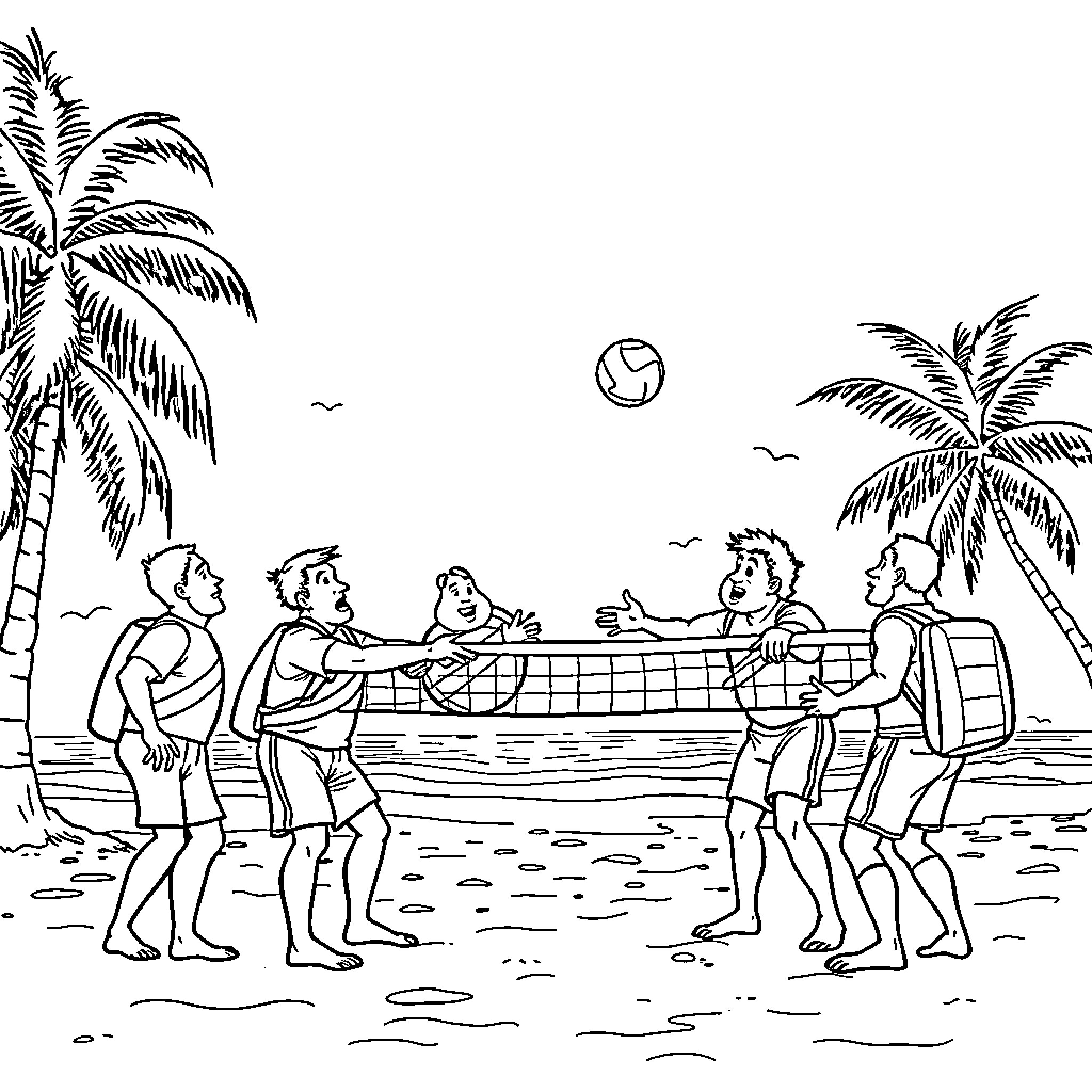 Ghostbusters playing beach volleyball on a tropical getaway Coloring Page (free black-and-white line drawing printable PDF for all, from beginners to advanced learners, including children, teens, adults, and seniors)