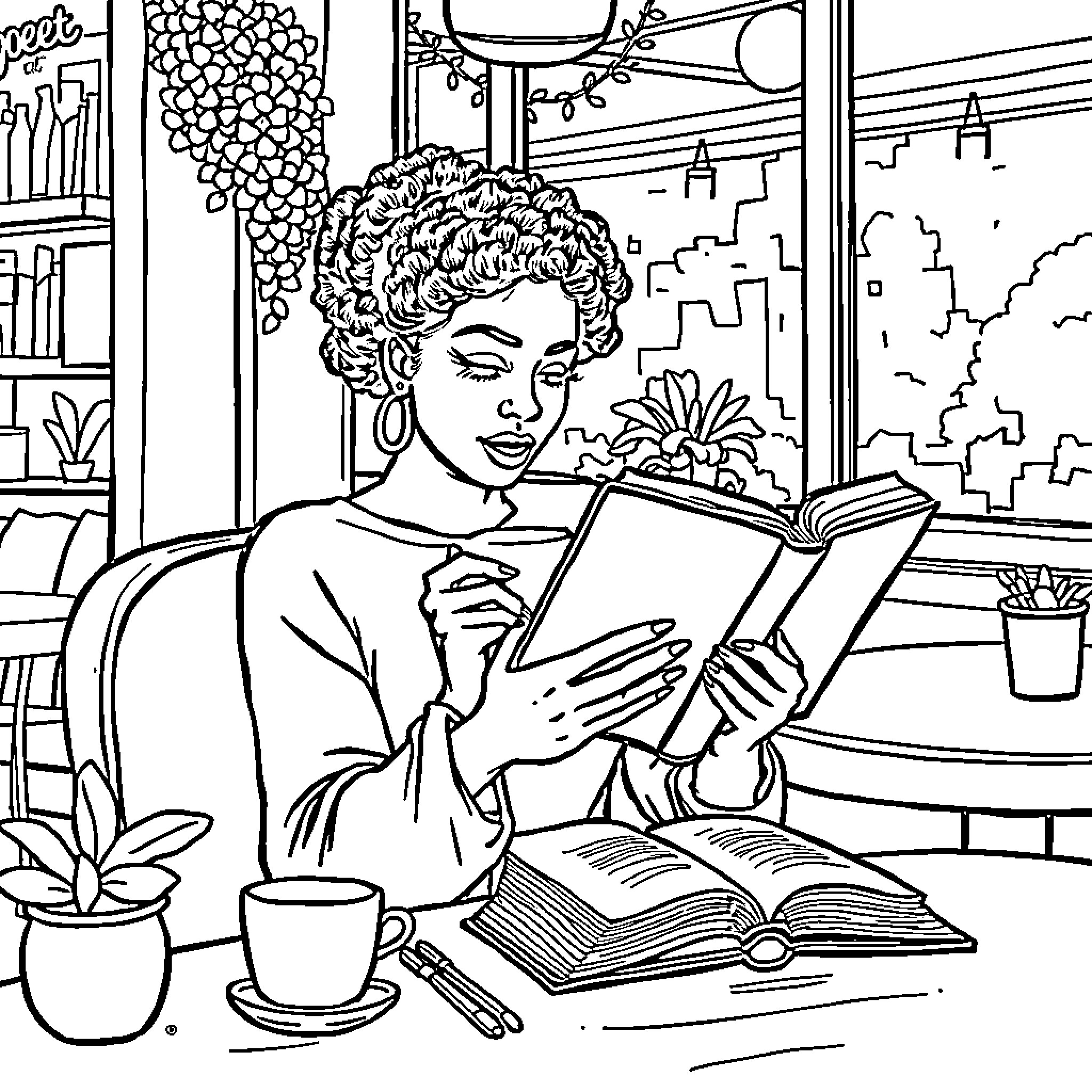 Woman reading book in cozy home setting Coloring Page (free black-and-white line drawing printable PDF for all, from beginners to advanced learners, including children, teens, adults, and seniors)