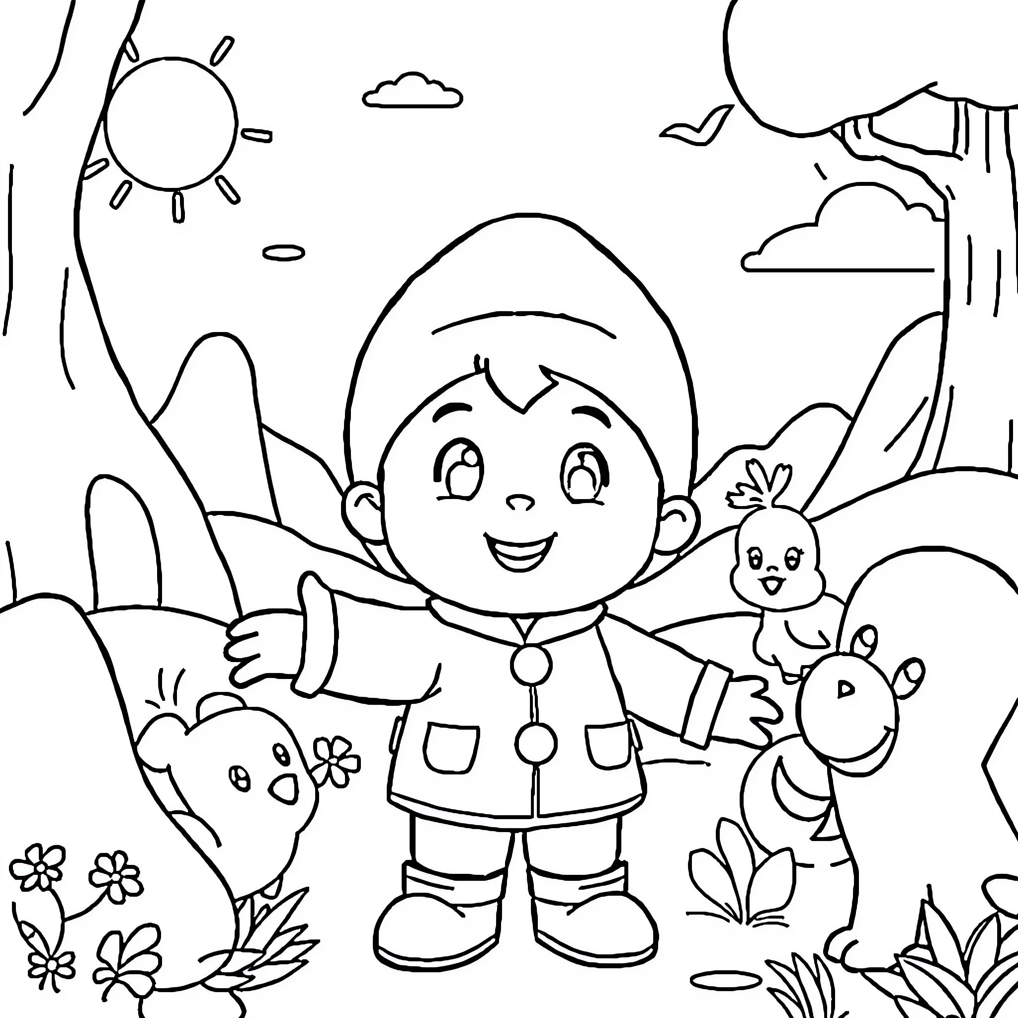 Pocoyo enjoys the outdoor adventure with animal friends Coloring Page (free black-and-white line drawing printable PDF for all, from beginners to advanced learners, including children, teens, adults, and seniors)