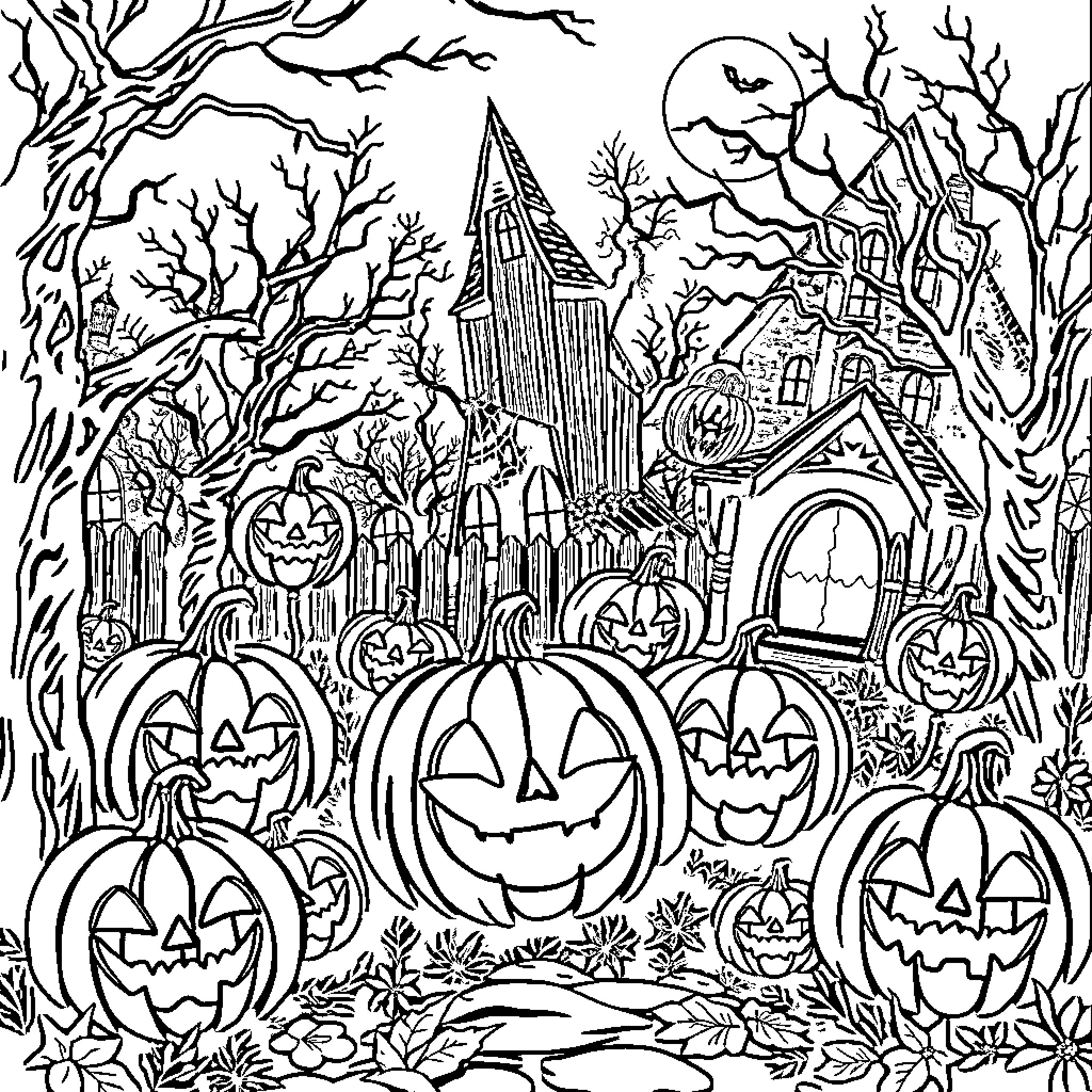 Halloween scene with haunted house and carved pumpkins Coloring Page (free black-and-white line drawing printable PDF for all, from beginners to advanced learners, including children, teens, adults, and seniors)