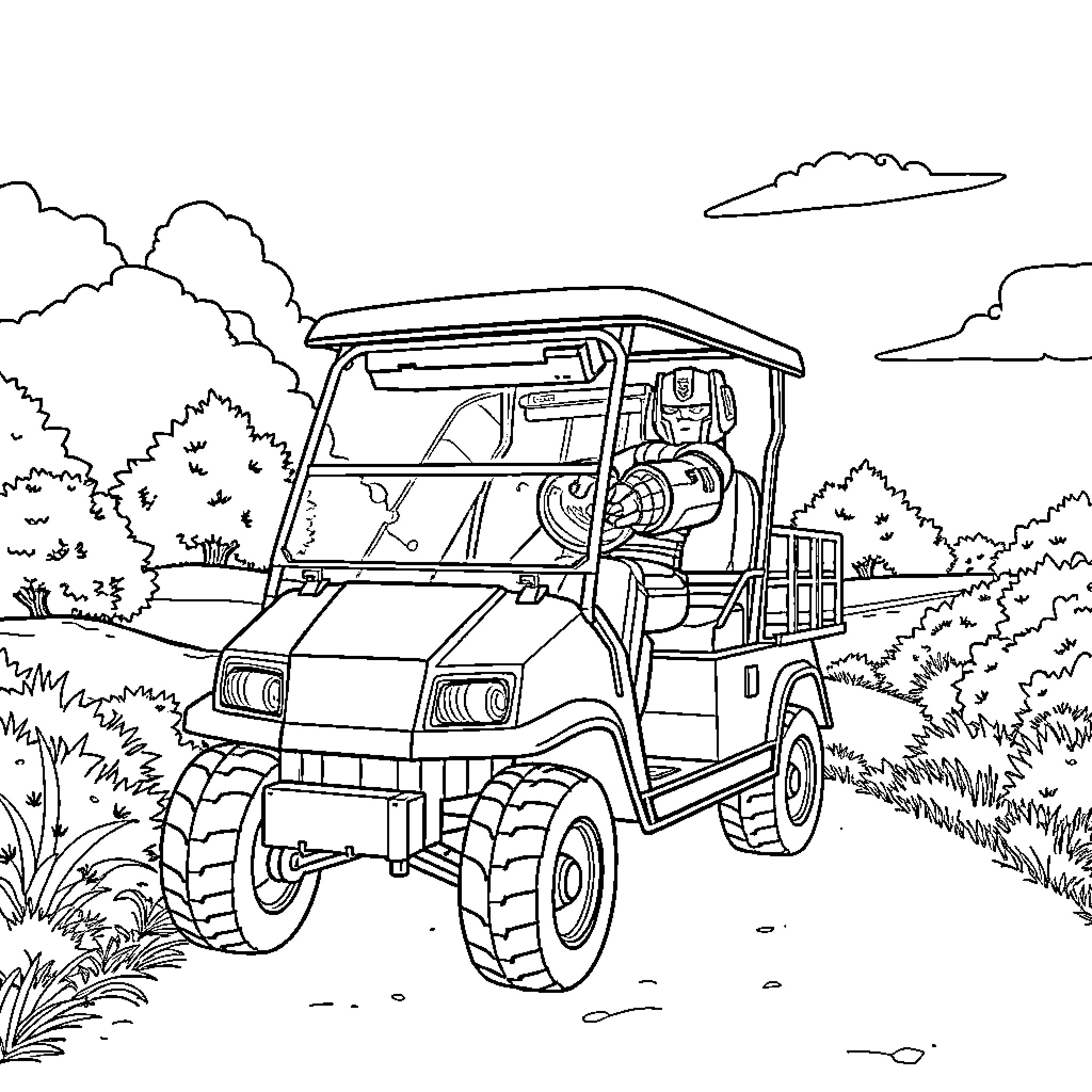Optimus Prime driving a rugged utility vehicle in nature Coloring Page (free black-and-white line drawing printable PDF for all, from beginners to advanced learners, including children, teens, adults, and seniors)