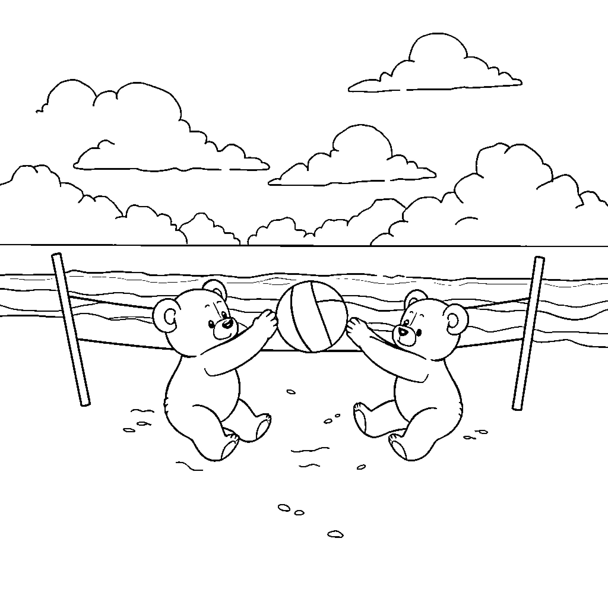 Teddy Bears Playing with Ball on the Beach Coloring Page (free black-and-white line drawing printable PDF for all, from beginners to advanced learners, including children, teens, adults, and seniors)