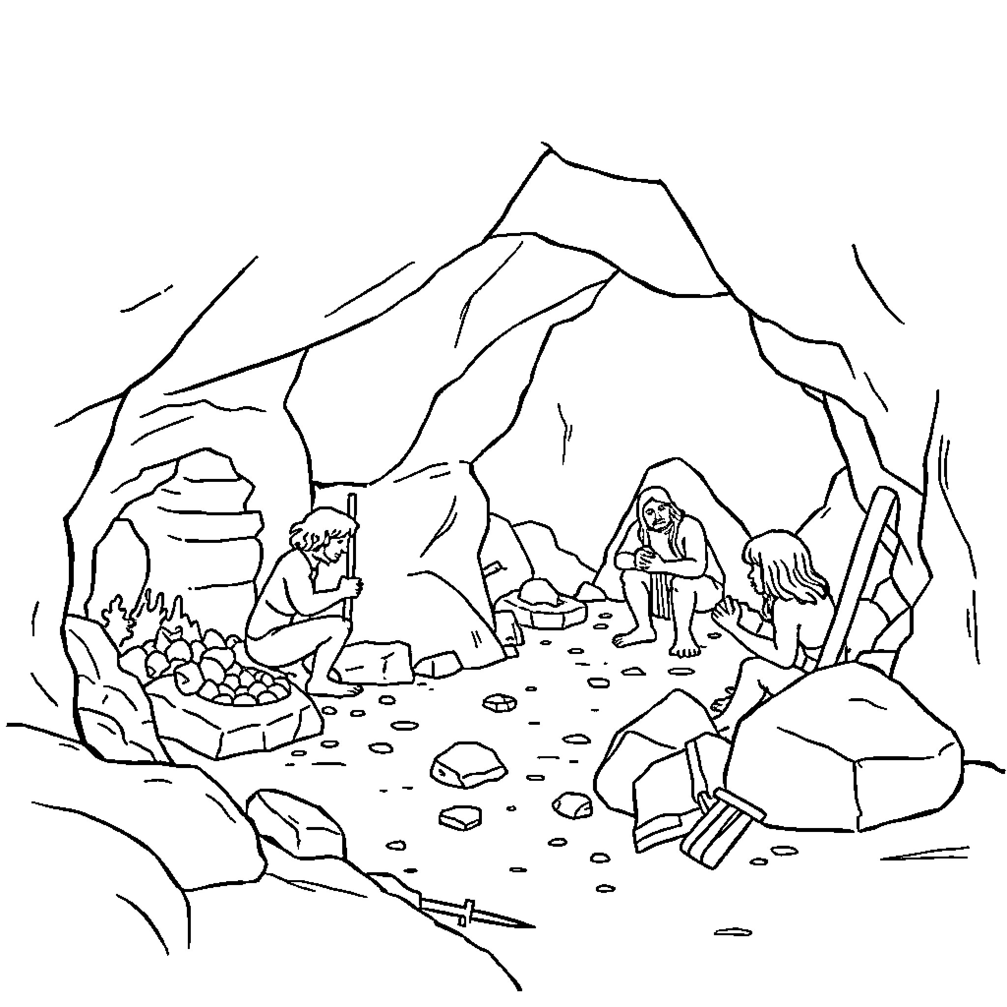 Prehistoric Cavemen Gathering Food in the Mountains Coloring Page (free black-and-white line drawing printable PDF for all, from beginners to advanced learners, including children, teens, adults, and seniors)