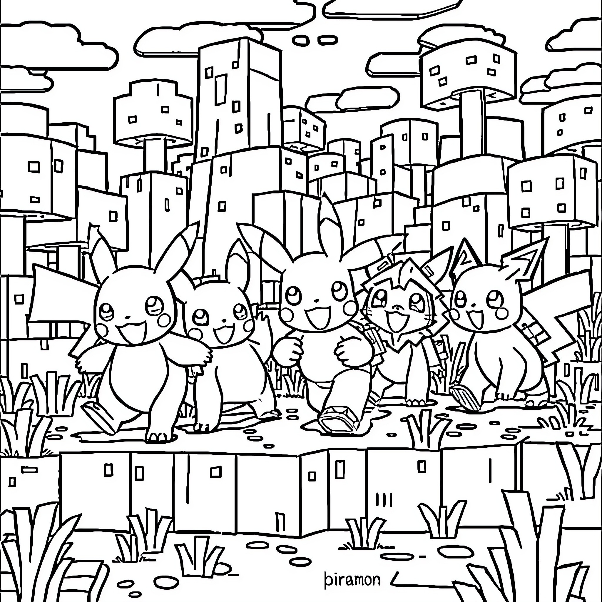 Pokémon characters exploring the urban cityscape Coloring Page (free black-and-white line drawing printable PDF for all, from beginners to advanced learners, including children, teens, adults, and seniors)