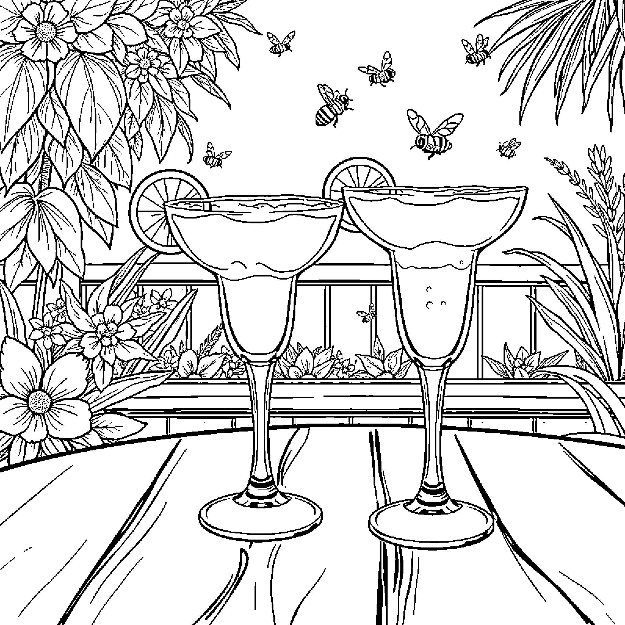 Margarita cocktails on a table surrounded by bees and flowers Coloring Page (free black-and-white line drawing printable PDF for all, from beginners to advanced learners, including children, teens, adults, and seniors)