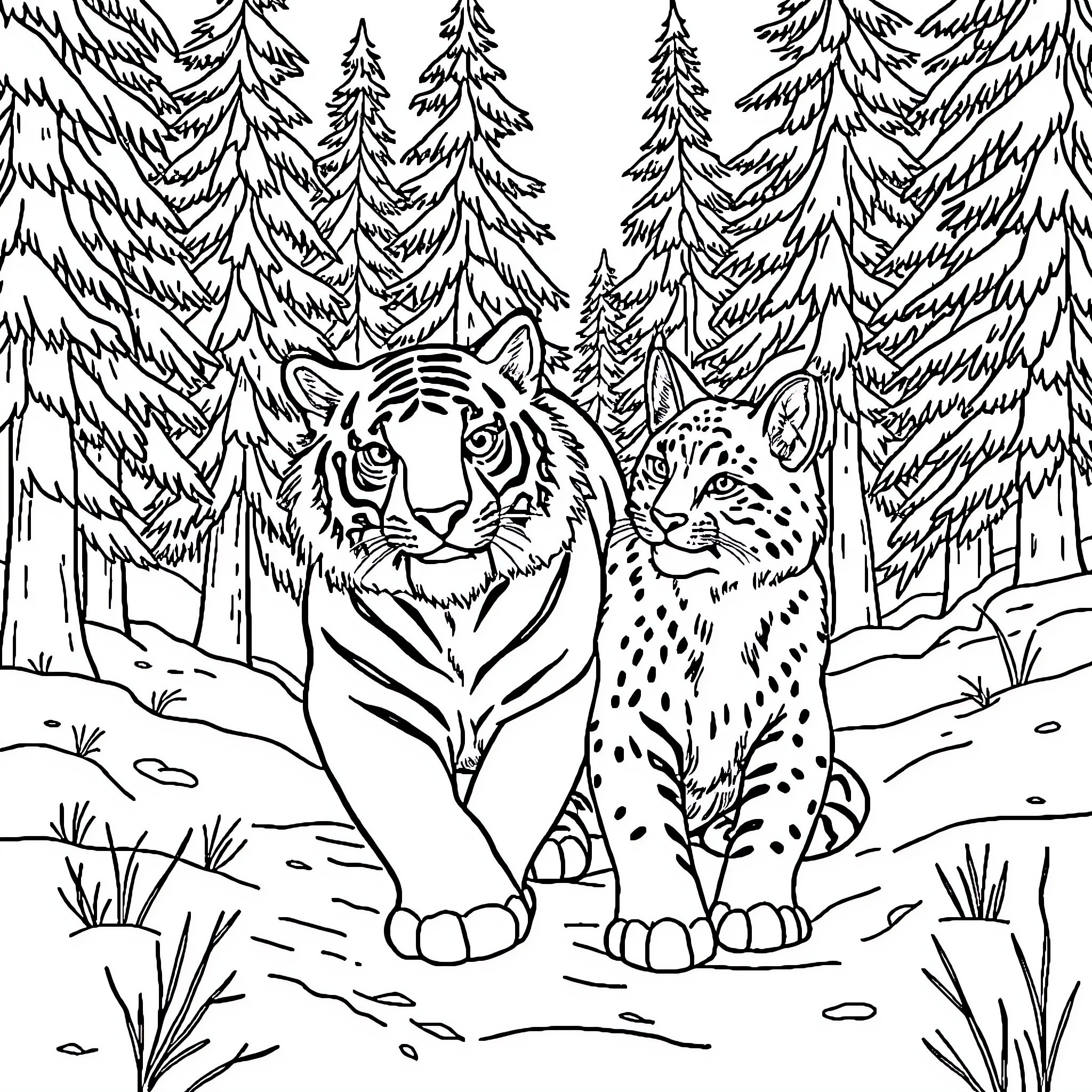 Tiger and Leopard in Snowy Forest Coloring Page (free black-and-white line drawing printable PDF for all, from beginners to advanced learners, including children, teens, adults, and seniors)