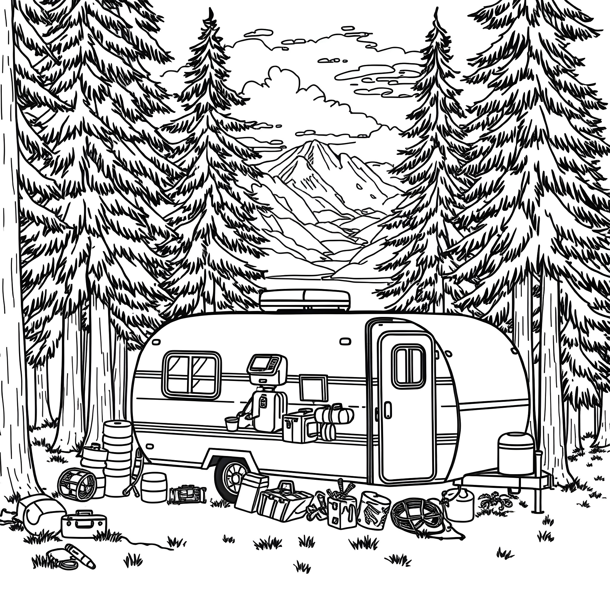 Trailer camping in a snowy forest landscape Coloring Page (free black-and-white line drawing printable PDF for all, from beginners to advanced learners, including children, teens, adults, and seniors)