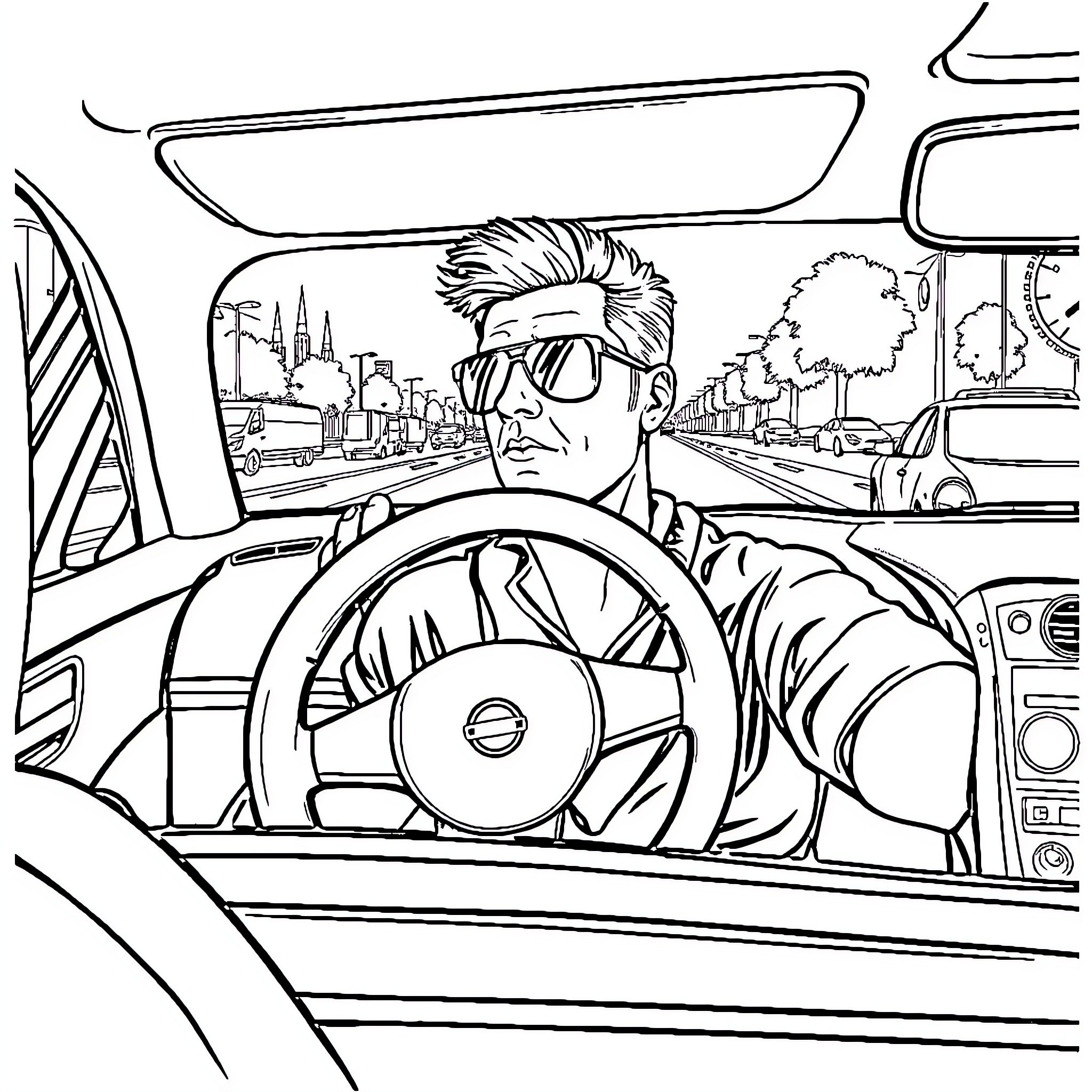 Nissan Altima driver navigates through city streets Coloring Page (free black-and-white line drawing printable PDF for all, from beginners to advanced learners, including children, teens, adults, and seniors)