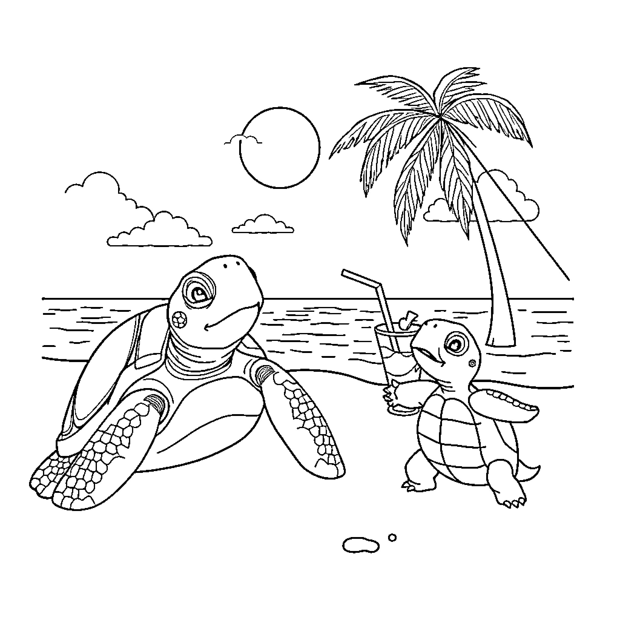 Turtles enjoying a sunny day at the beach Coloring Page (free black-and-white line drawing printable PDF for all, from beginners to advanced learners, including children, teens, adults, and seniors)
