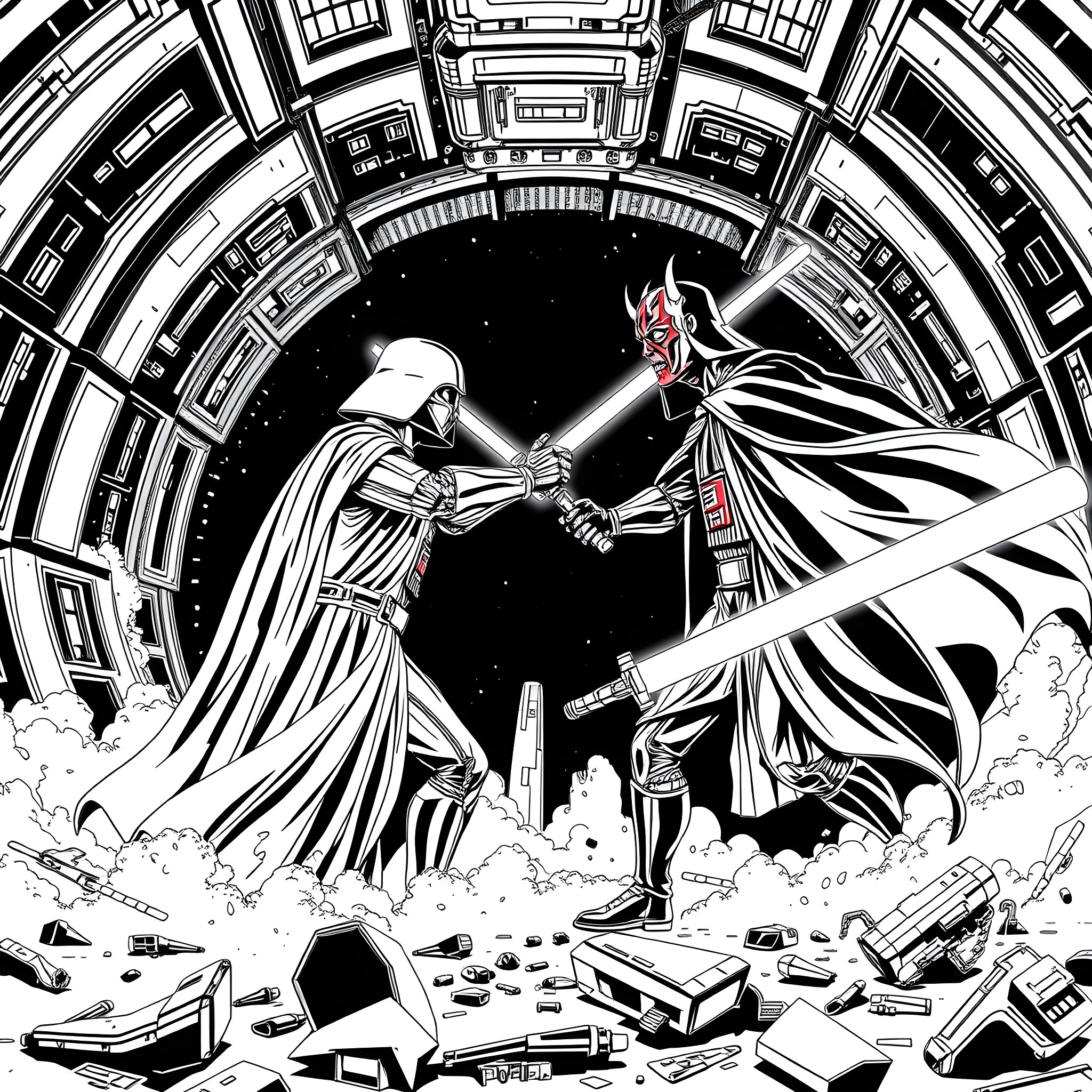 Darth Vader's Duel with an Enigmatic Foe Coloring Page (free black-and-white line drawing printable PDF for all, from beginners to advanced learners, including children, teens, adults, and seniors)