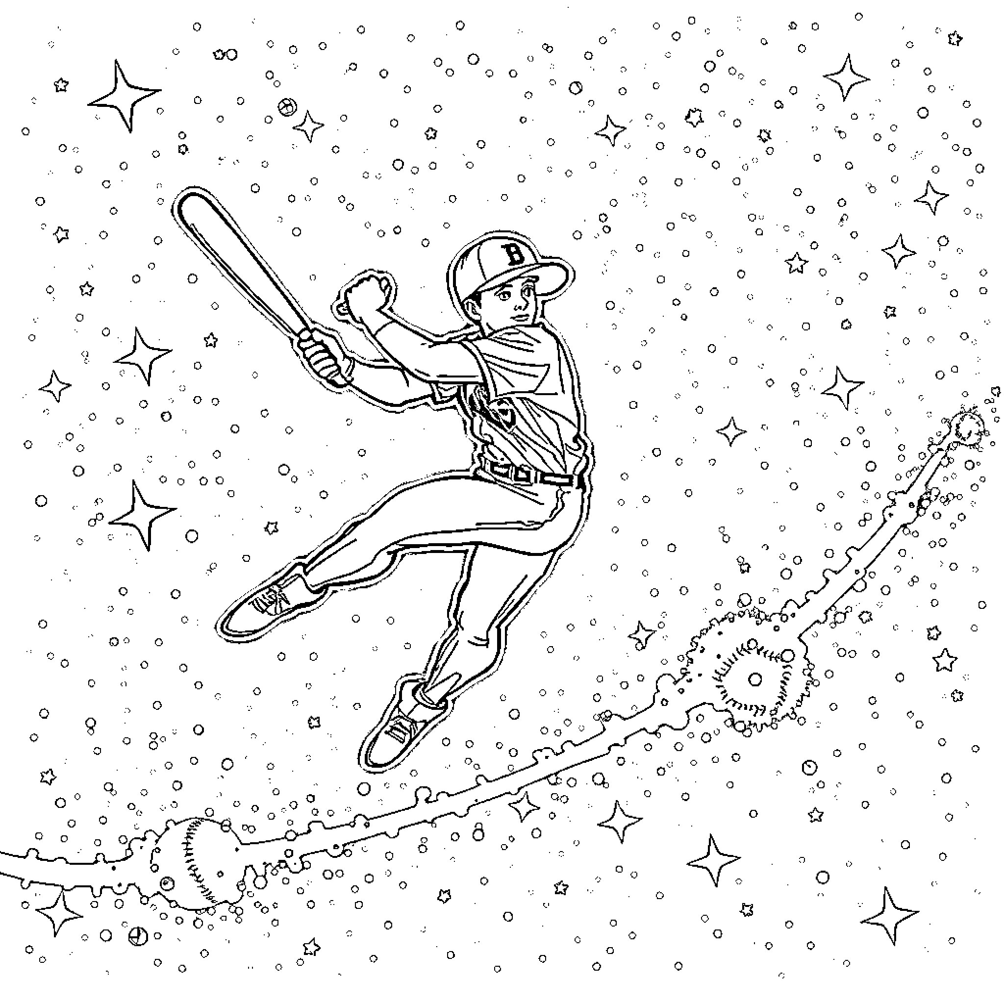 Baseball Player Leaping Through Starry Sky Coloring Page (free black-and-white line drawing printable PDF for all, from beginners to advanced learners, including children, teens, adults, and seniors)