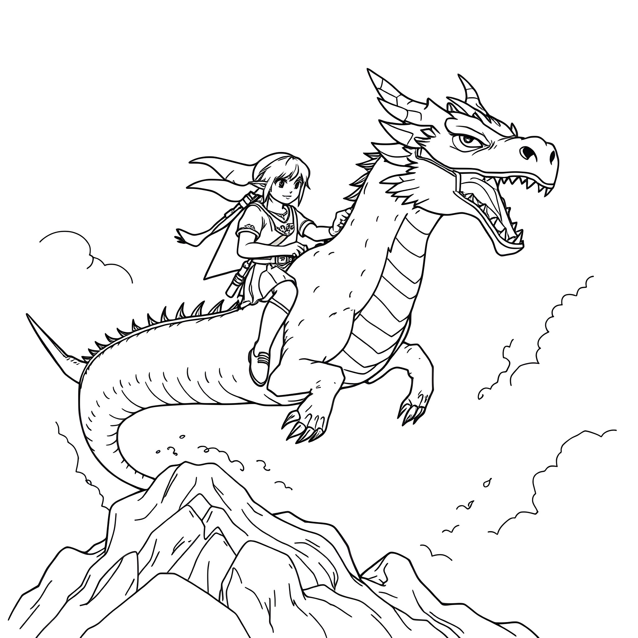 Link riding a dragon over the mountains Coloring Page (free black-and-white line drawing printable PDF for all, from beginners to advanced learners, including children, teens, adults, and seniors)