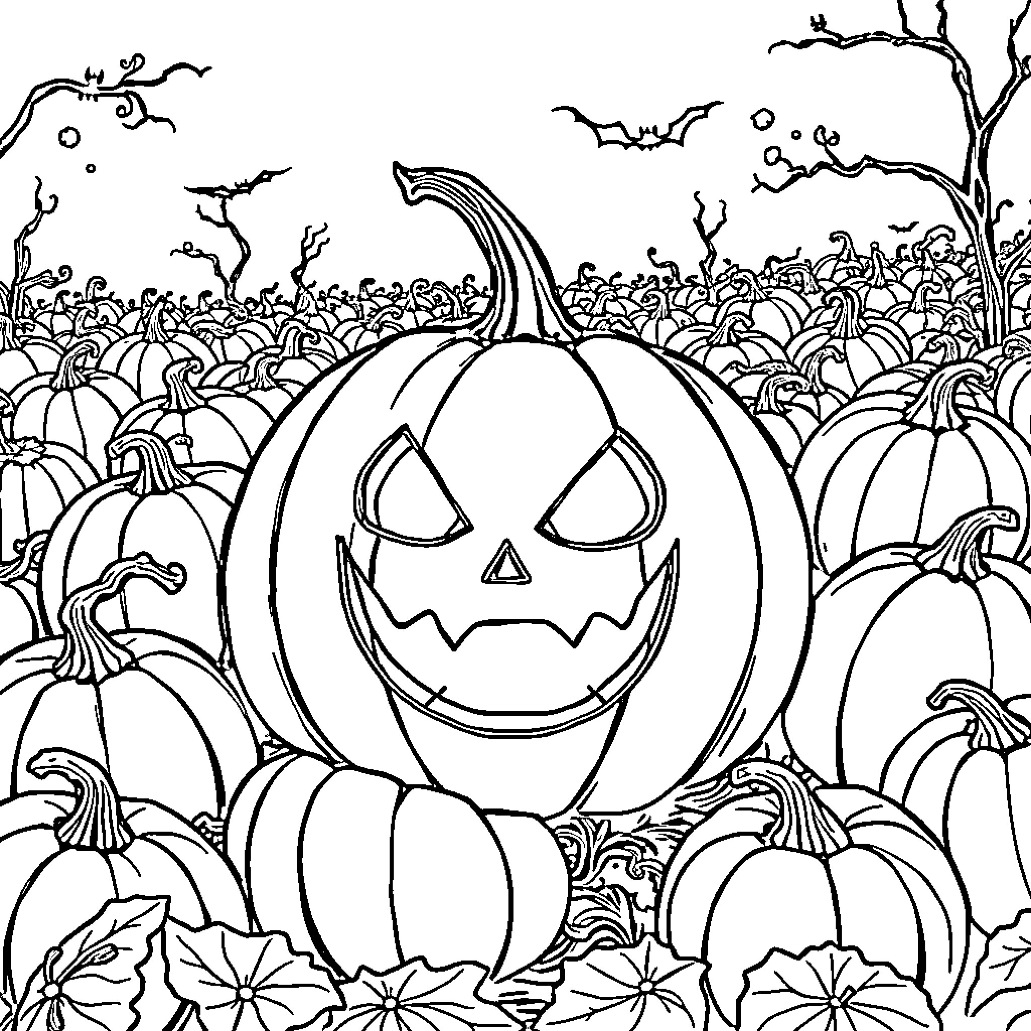 Pumpkin patch with carved Halloween jack-o-lanterns Coloring Page (free black-and-white line drawing printable PDF for all, from beginners to advanced learners, including children, teens, adults, and seniors)