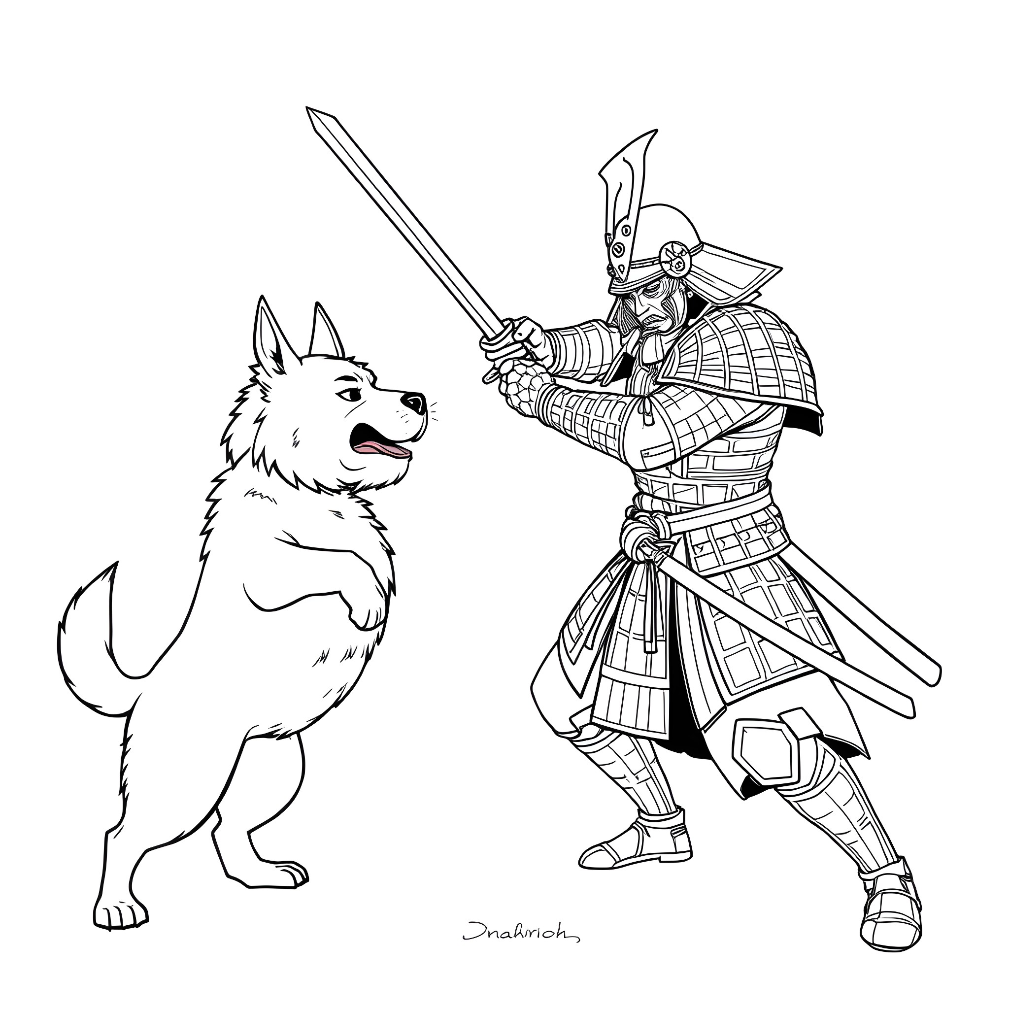 Samurai Warrior Confronting Fierce Wolf Coloring Page (free black-and-white line drawing printable PDF for all, from beginners to advanced learners, including children, teens, adults, and seniors)