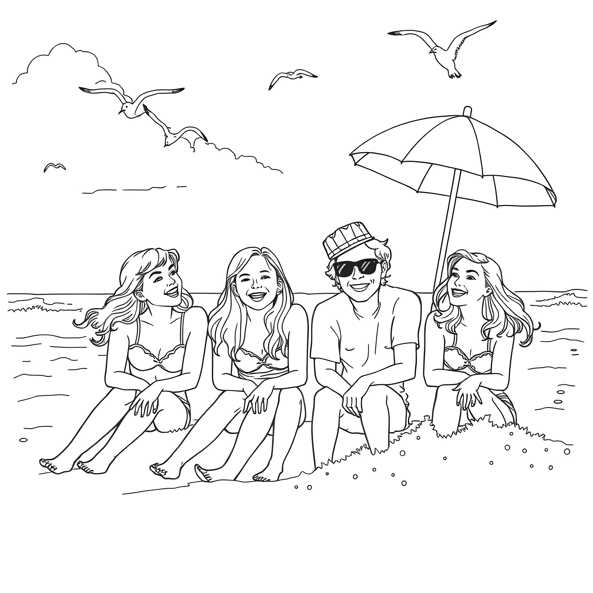 Full House Friends Enjoying a Beach Day Coloring Page (free black-and-white line drawing printable PDF for all, from beginners to advanced learners, including children, teens, adults, and seniors)