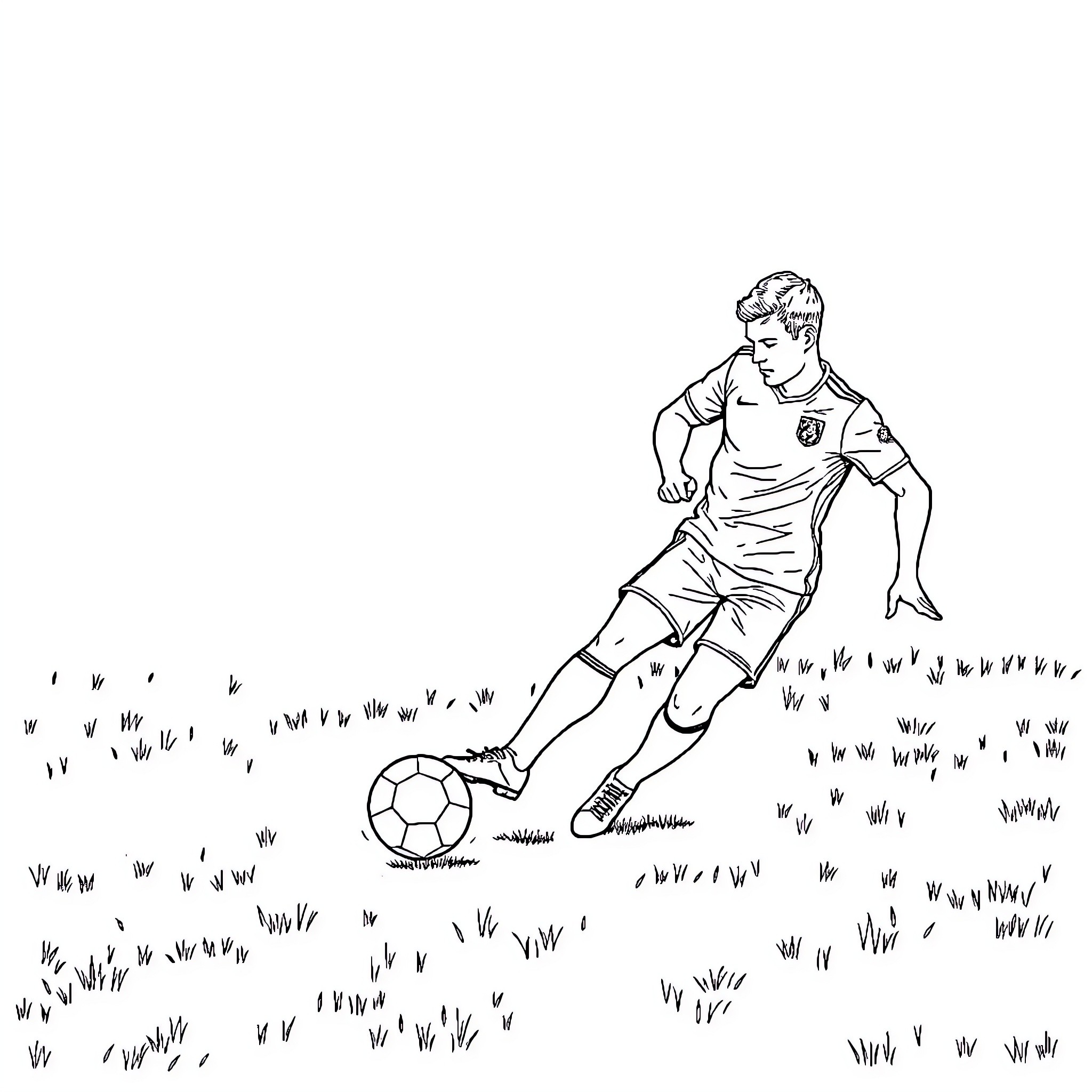 Footballer kicking a ball on the field Coloring Page (free black-and-white line drawing printable PDF for all, from beginners to advanced learners, including children, teens, adults, and seniors)