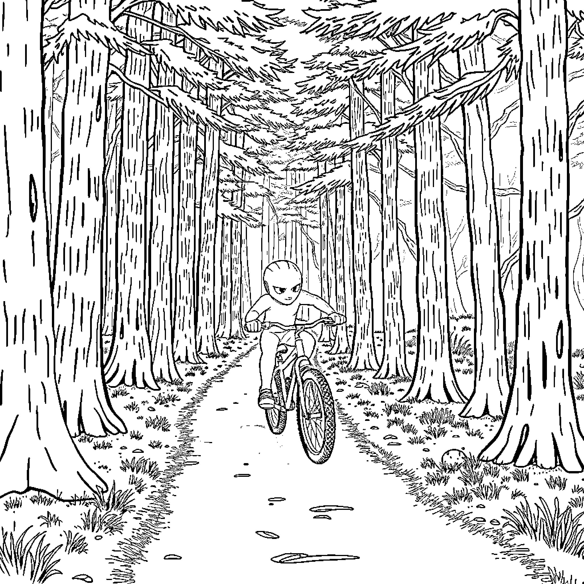 Bluey riding bike through mysterious forest Coloring Page (free black-and-white line drawing printable PDF for all, from beginners to advanced learners, including children, teens, adults, and seniors)
