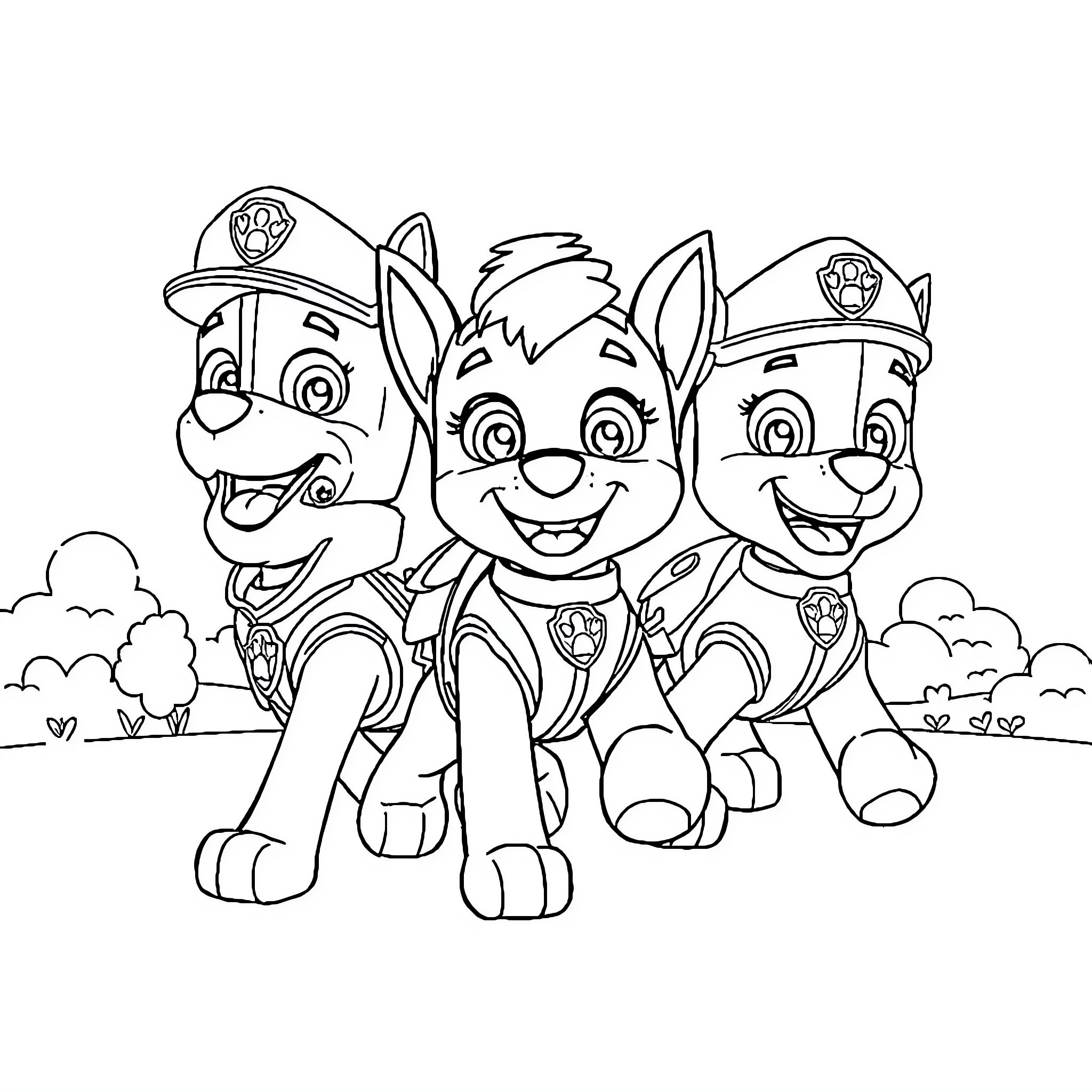 Paw Patrol Pups in Action Coloring Page (free black-and-white line drawing printable PDF for all, from beginners to advanced learners, including children, teens, adults, and seniors)