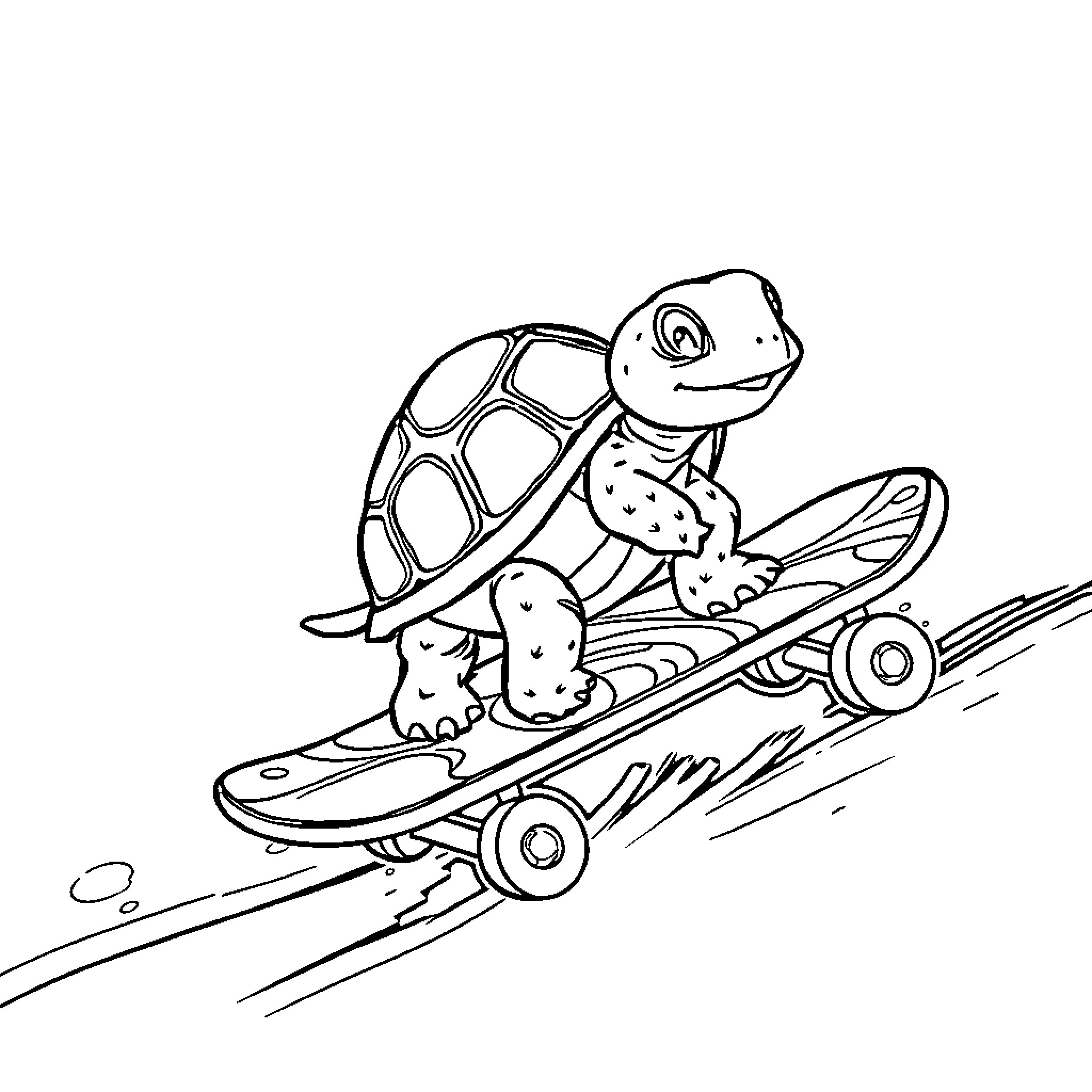 Turtle skateboarding on the move Coloring Page (free black-and-white line drawing printable PDF for all, from beginners to advanced learners, including children, teens, adults, and seniors)