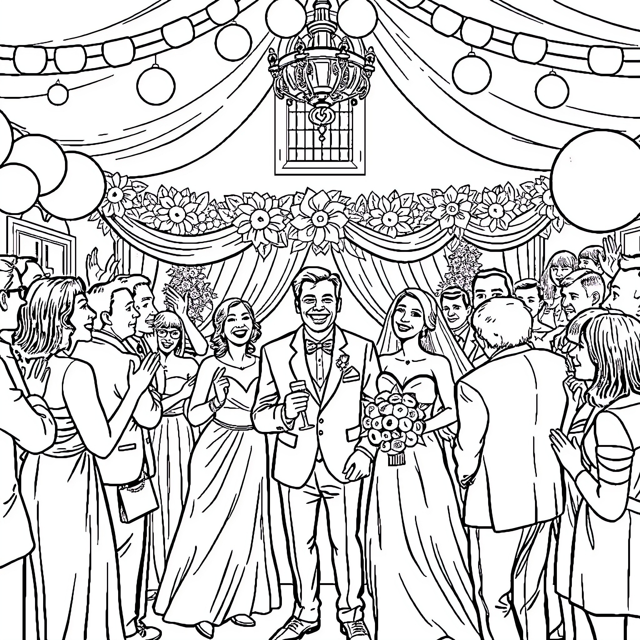 Wedding Ceremony with Formal Attire and Floral Decorations Coloring Page (free black-and-white line drawing printable PDF for all, from beginners to advanced learners, including children, teens, adults, and seniors)