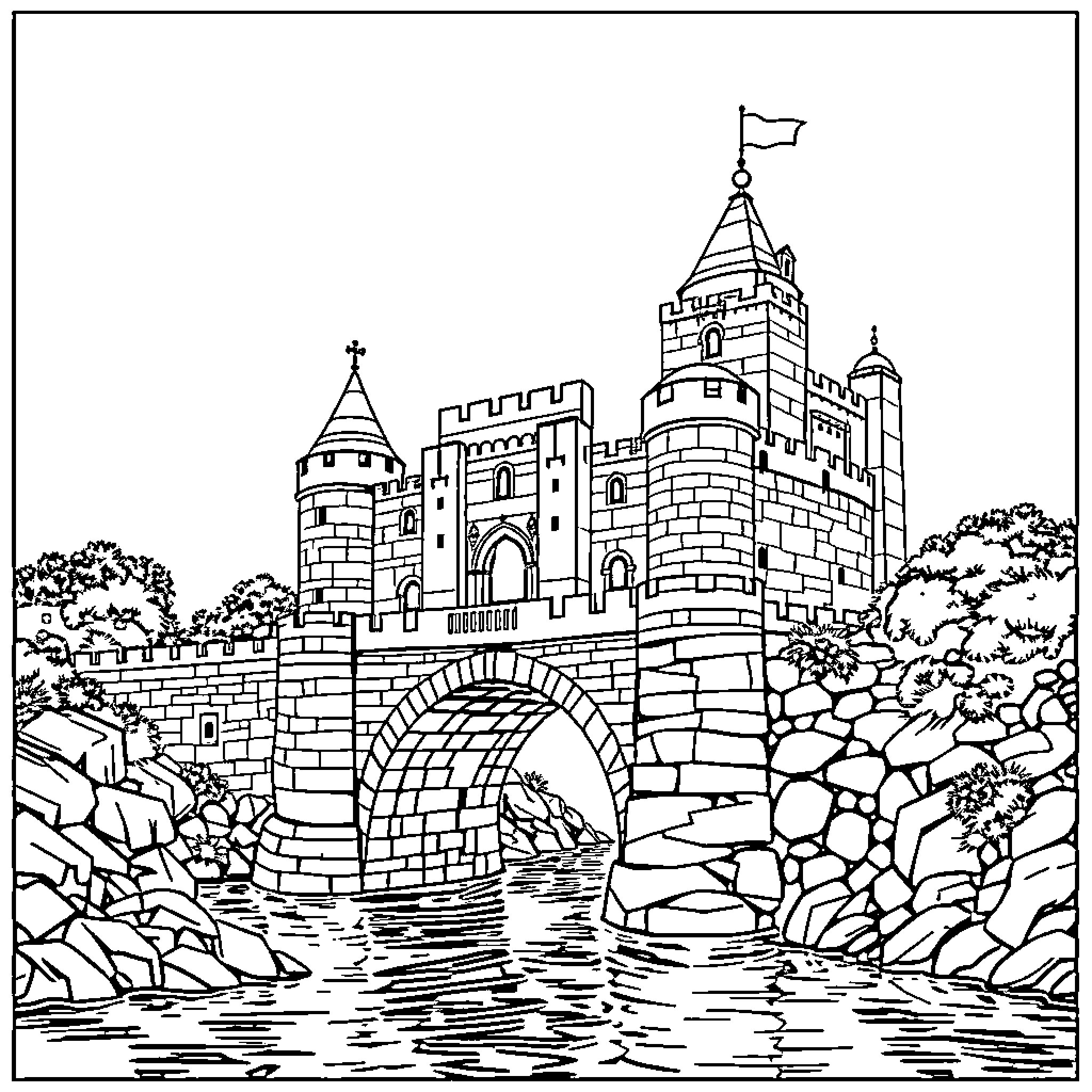 Castle by the River with Drawbridge and Turrets Coloring Page (free black-and-white line drawing printable PDF for all, from beginners to advanced learners, including children, teens, adults, and seniors)