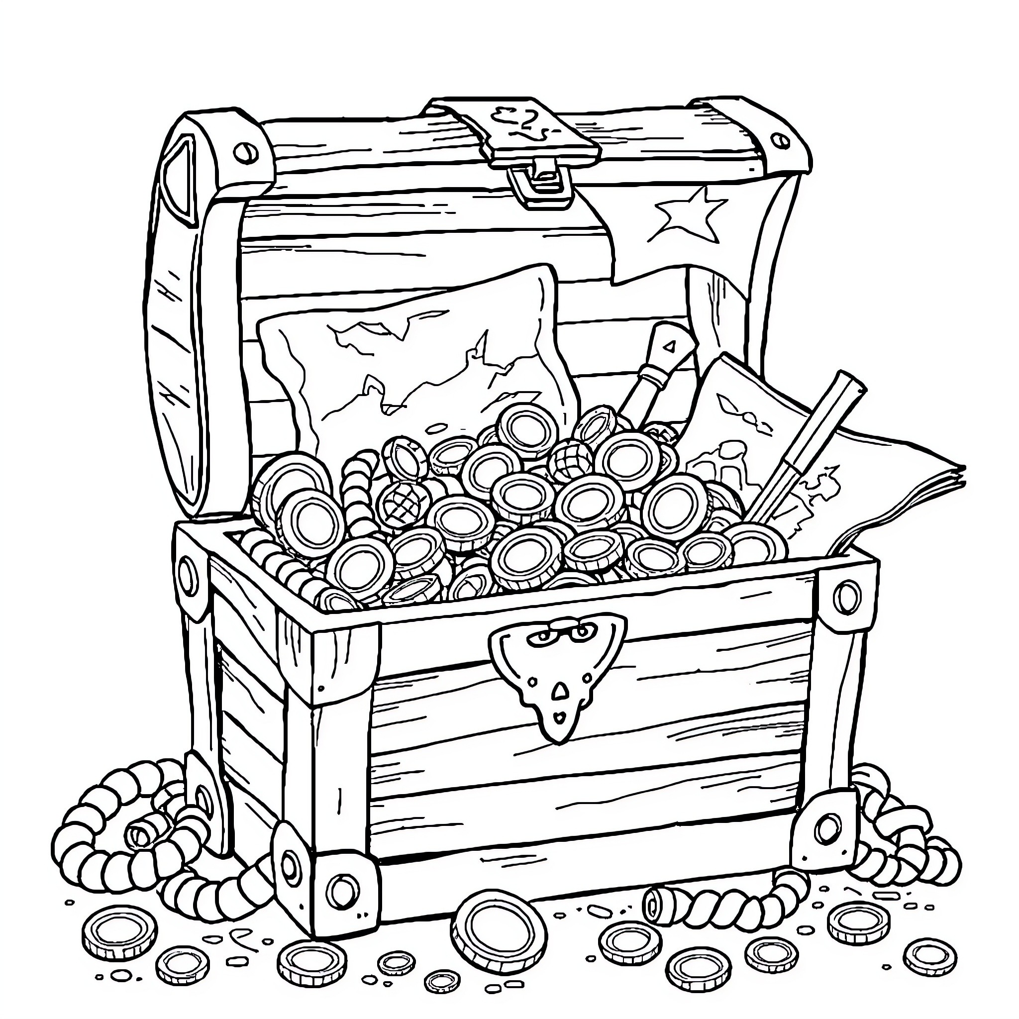 Treasure Chest Filled with Coins and Jewels Coloring Page (free black-and-white line drawing printable PDF for all, from beginners to advanced learners, including children, teens, adults, and seniors)