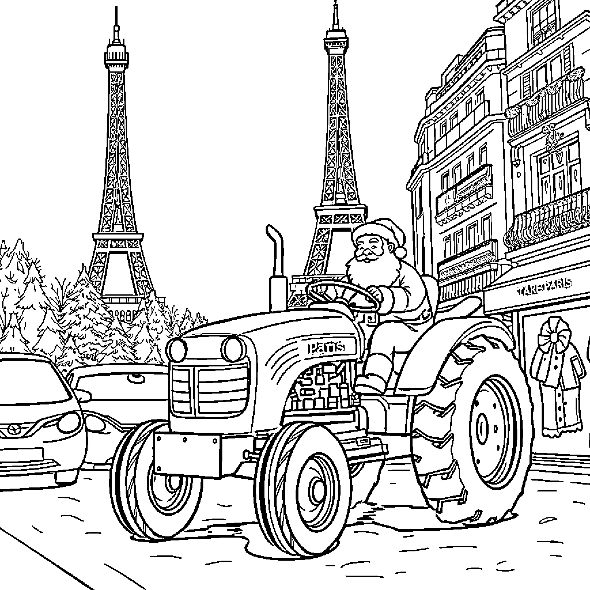 Santa Claus driving a tractor in front of the Eiffel Tower Coloring Page (free black-and-white line drawing printable PDF for all, from beginners to advanced learners, including children, teens, adults, and seniors)