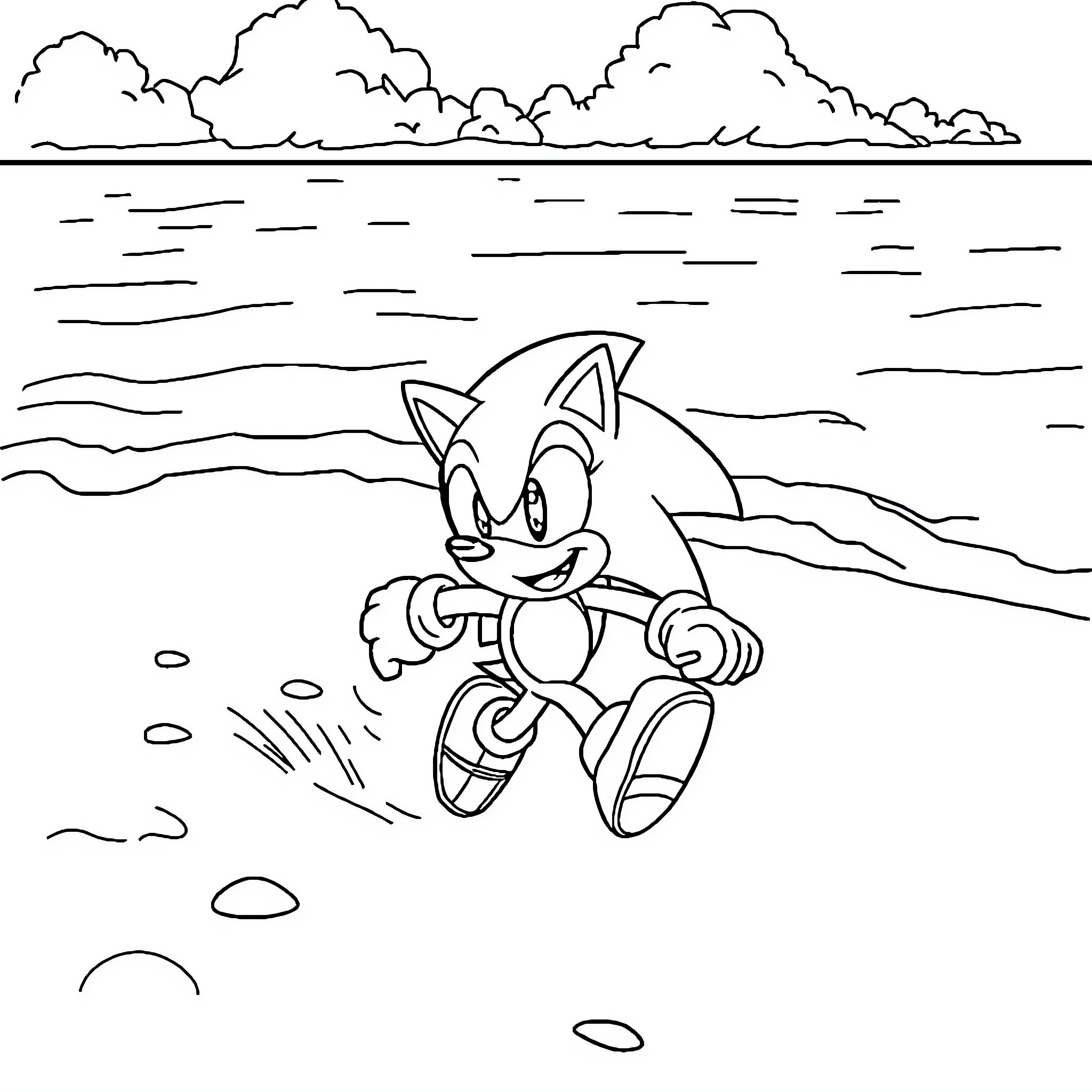 Sonic running on the beach with cloudy skies Coloring Page (free black-and-white line drawing printable PDF for all, from beginners to advanced learners, including children, teens, adults, and seniors)
