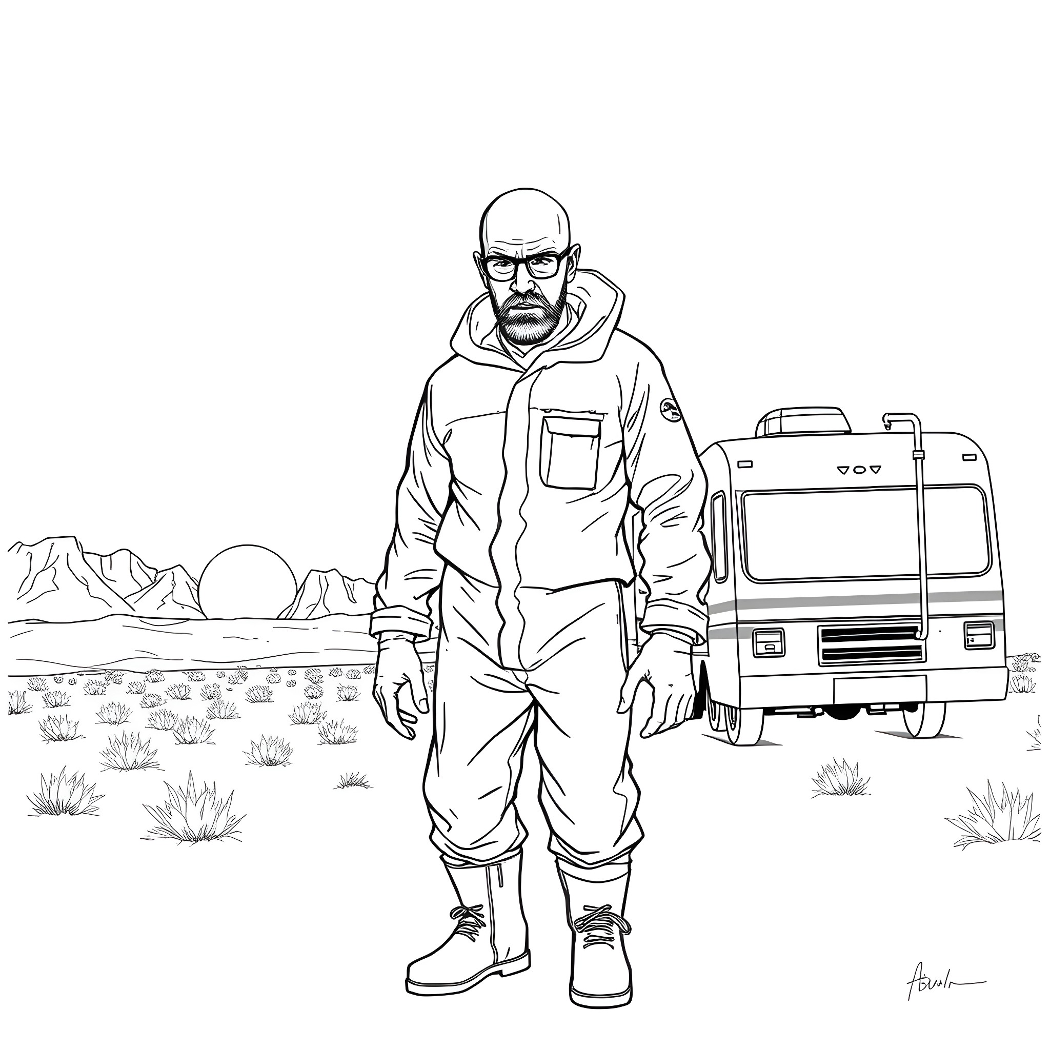 Breaking Bad - Iconic Character in Hazmat Suit on Desert Terrain Coloring Page (free black-and-white line drawing printable PDF for all, from beginners to advanced learners, including children, teens, adults, and seniors)