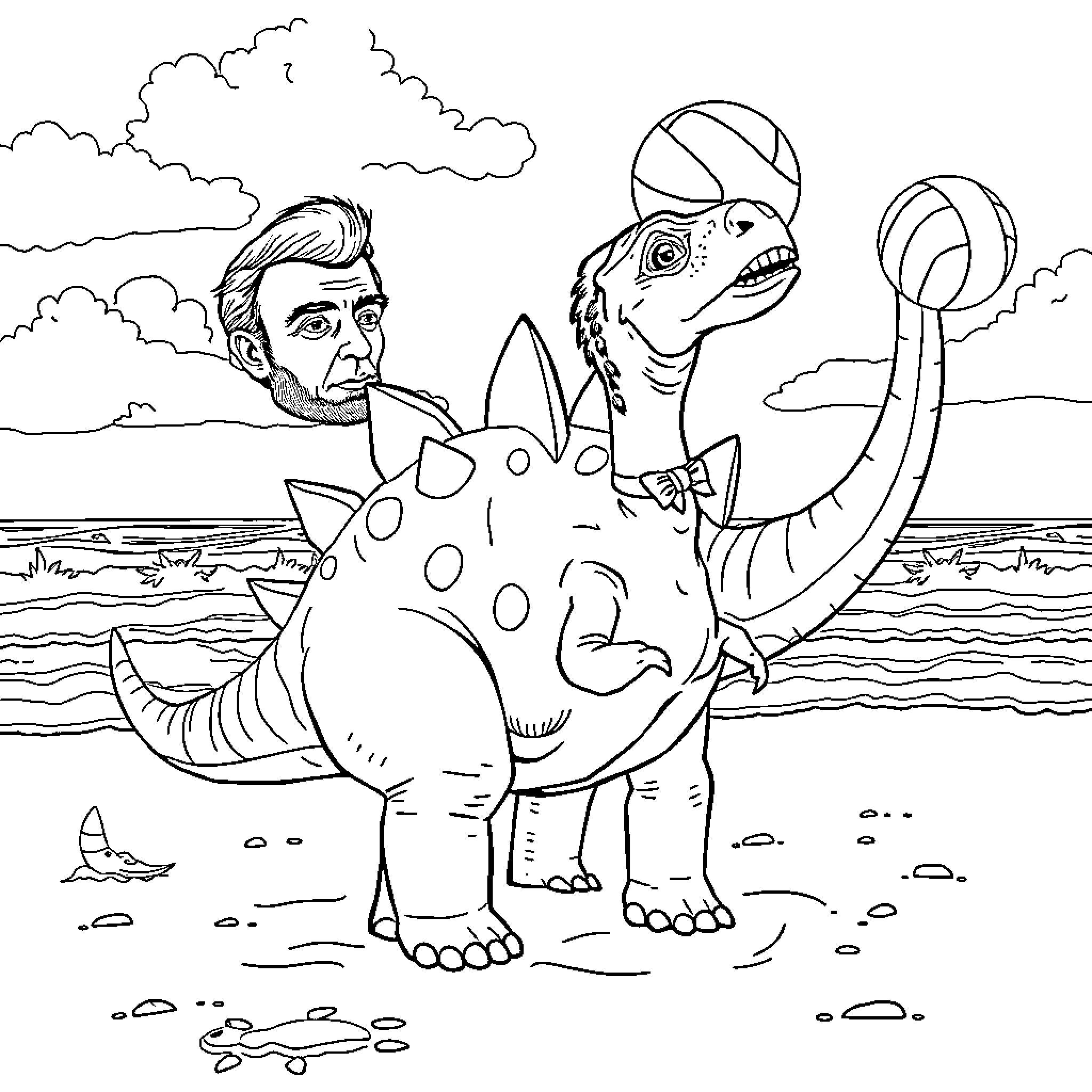 Stegosaurus playing with a human in a prehistoric landscape Coloring Page (free black-and-white line drawing printable PDF for all, from beginners to advanced learners, including children, teens, adults, and seniors)