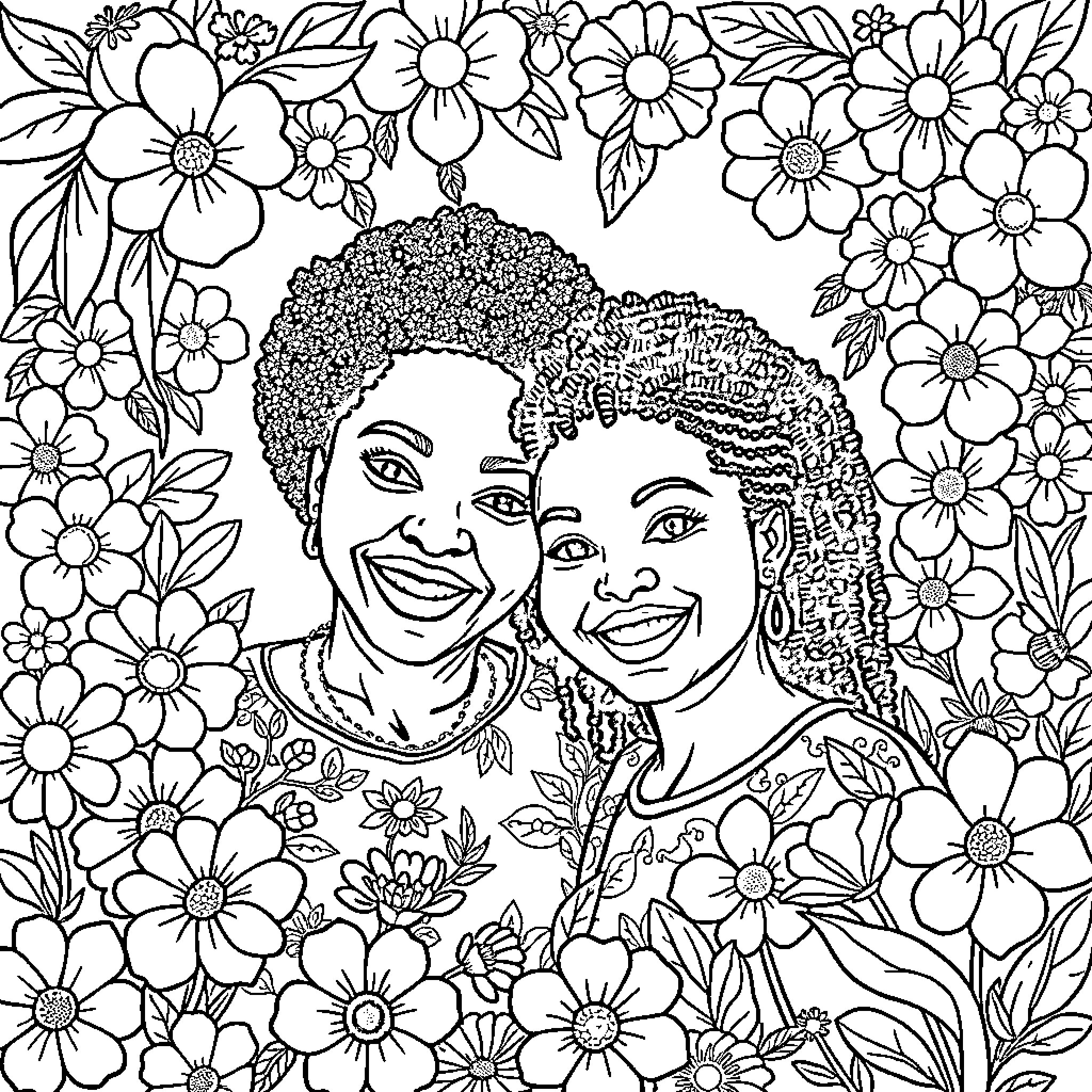 Mother and child bonding in a floral garden Coloring Page (free black-and-white line drawing printable PDF for all, from beginners to advanced learners, including children, teens, adults, and seniors)