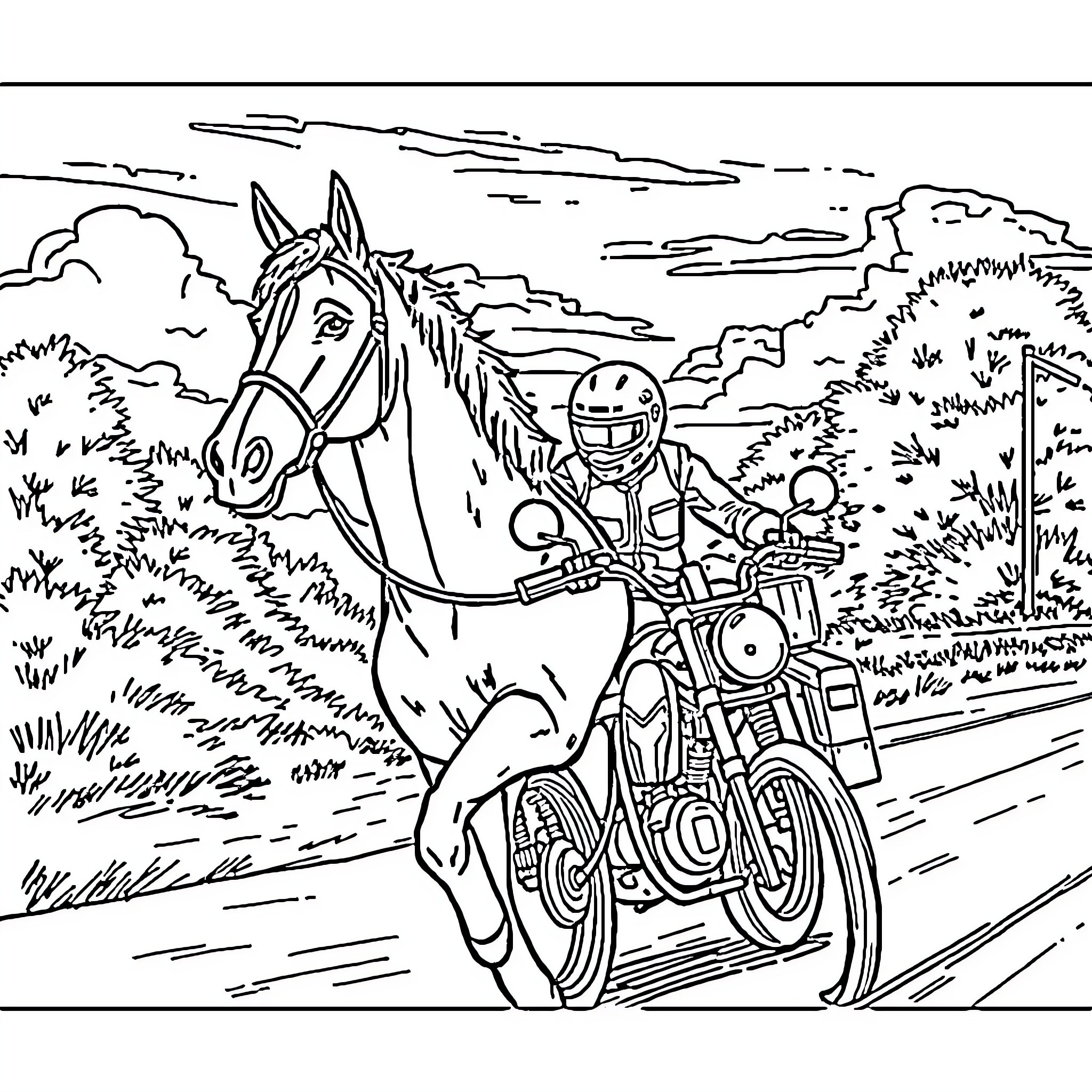 Horse and Rider on Motorcycle in Rural Landscape Coloring Page (free black-and-white line drawing printable PDF for all, from beginners to advanced learners, including children, teens, adults, and seniors)