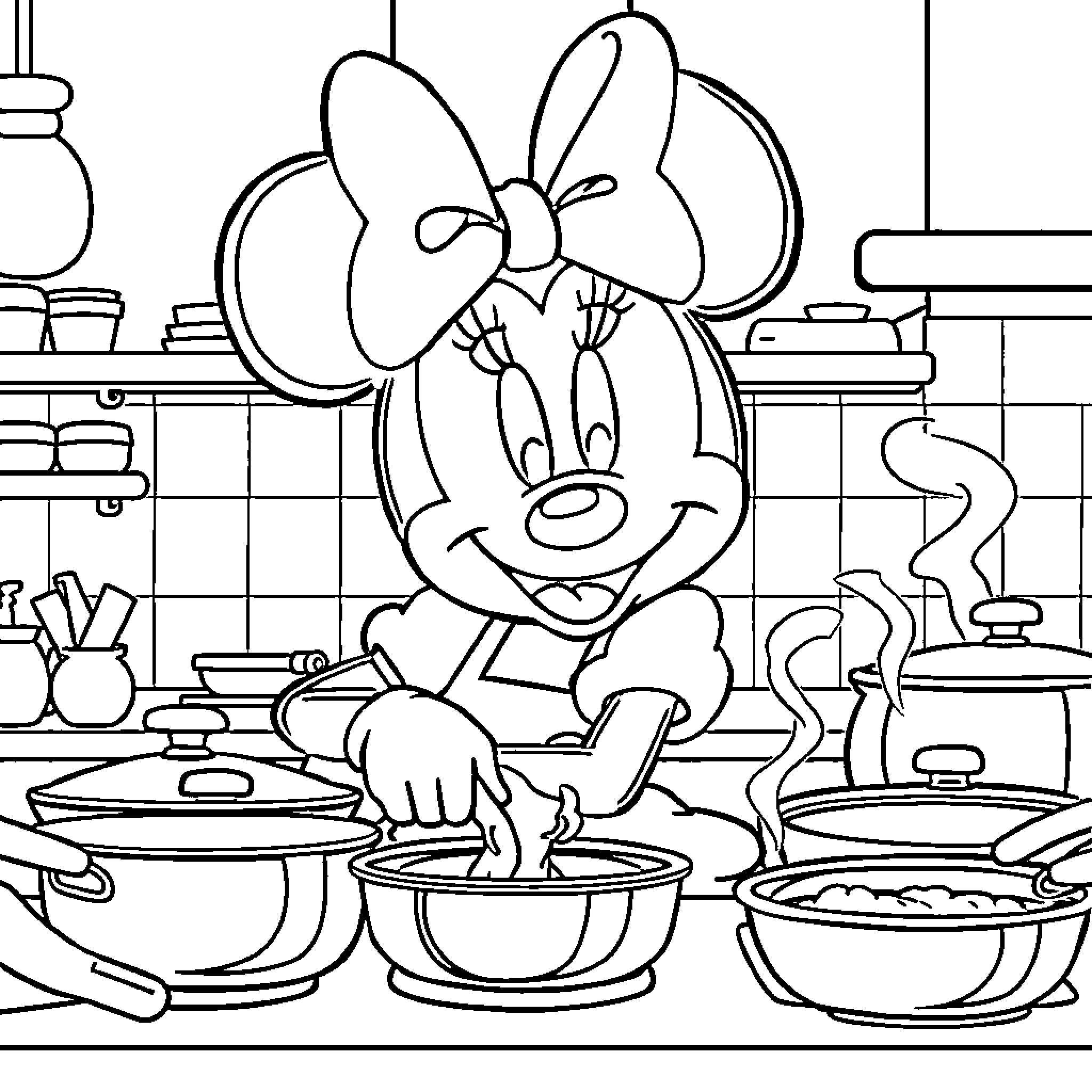 Minnie Mouse Cooking Up a Storm in the Kitchen Coloring Page (free black-and-white line drawing printable PDF for all, from beginners to advanced learners, including children, teens, adults, and seniors)