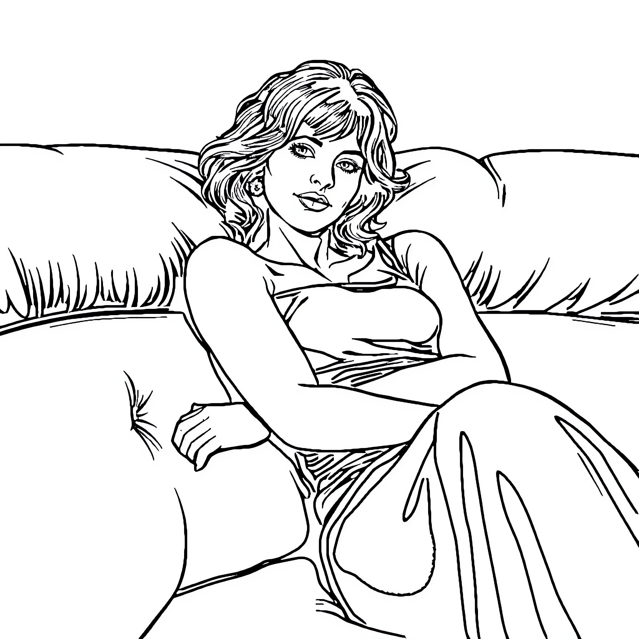 Sophie Marceau posing in a tranquil outdoor setting Coloring Page (free black-and-white line drawing printable PDF for all, from beginners to advanced learners, including children, teens, adults, and seniors)