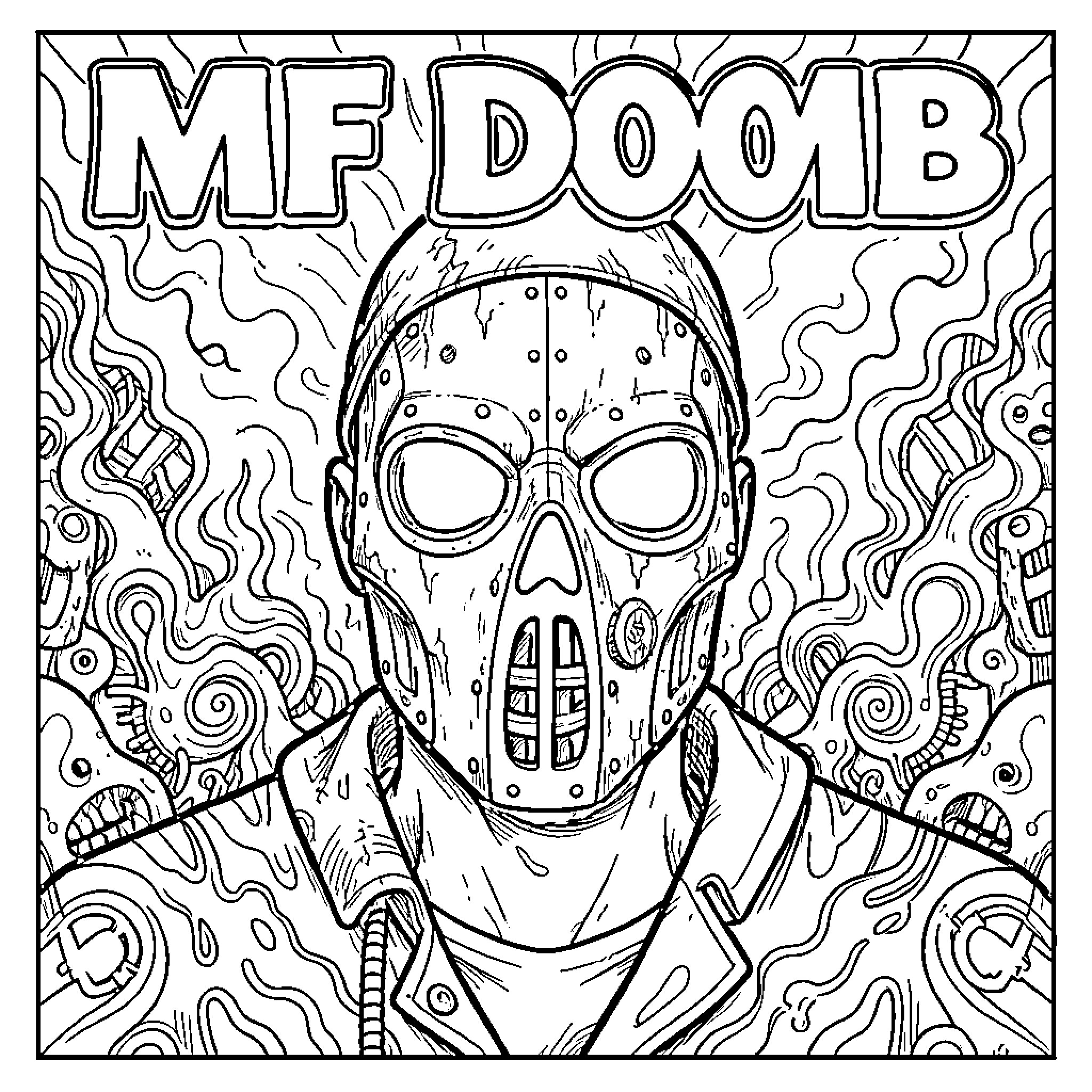 MF DOOM in a psychedelic mask and outfit Coloring Page (free black-and-white line drawing printable PDF for all, from beginners to advanced learners, including children, teens, adults, and seniors)