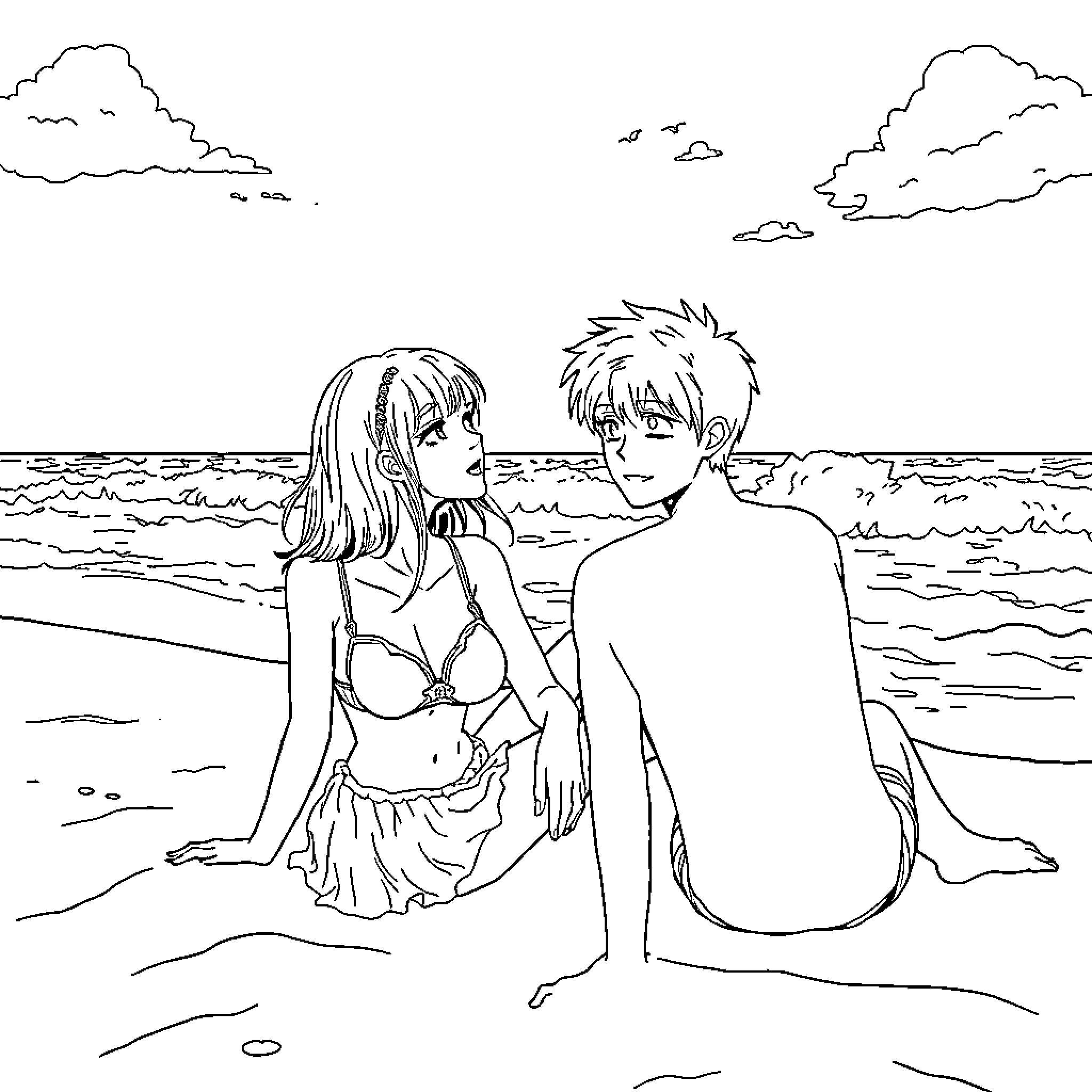 Tohru Honda and companion enjoy beachside scenery Coloring Page (free black-and-white line drawing printable PDF for all, from beginners to advanced learners, including children, teens, adults, and seniors)