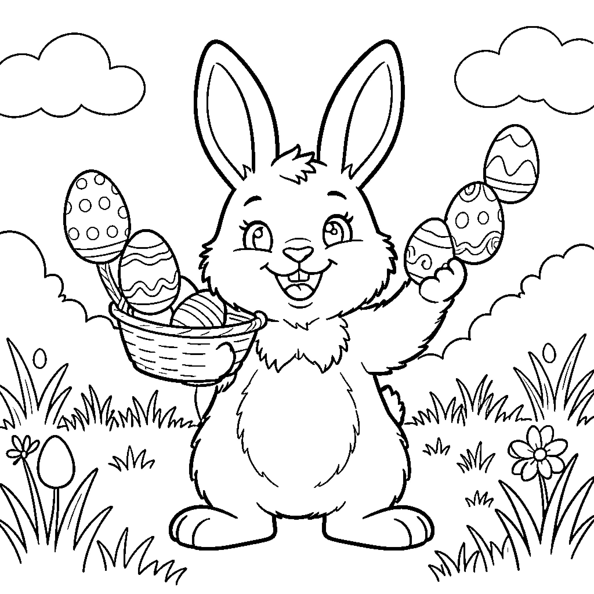 Easter Bunny Carrying Decorated Eggs in Basket Coloring Page (free black-and-white line drawing printable PDF for all, from beginners to advanced learners, including children, teens, adults, and seniors)