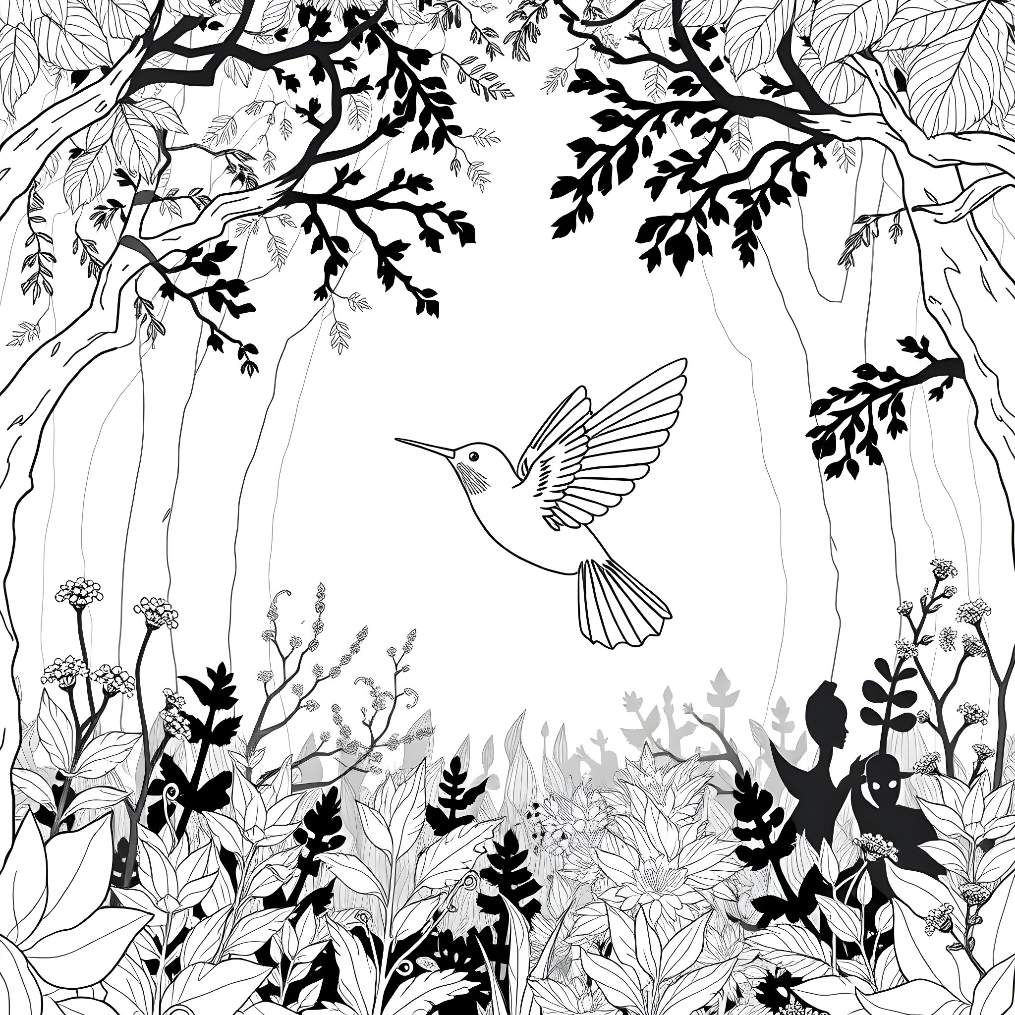 Hummingbird flying amidst lush foliage and flowers Coloring Page (free black-and-white line drawing printable PDF for all, from beginners to advanced learners, including children, teens, adults, and seniors)