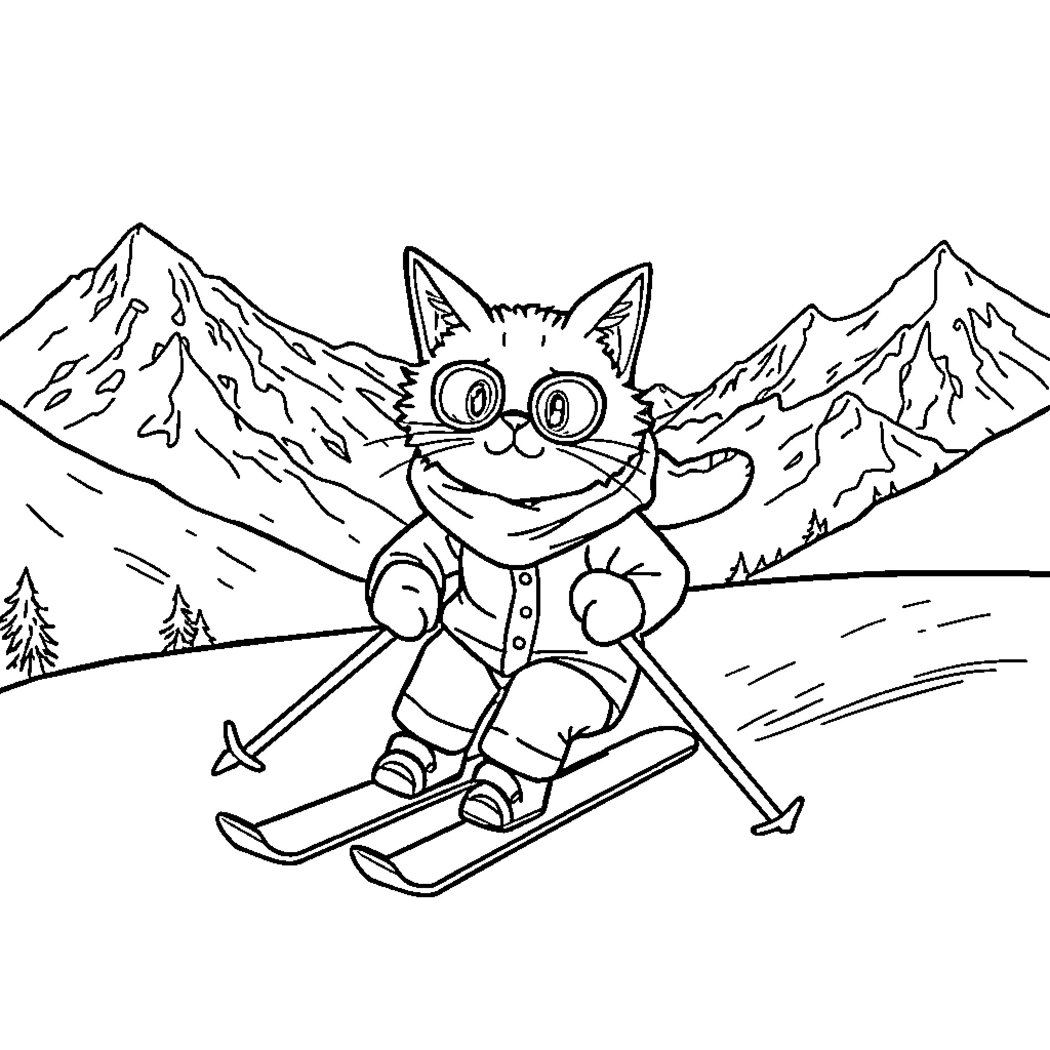 Cat skiing in the mountains Coloring Page (free black-and-white line drawing printable PDF for all, from beginners to advanced learners, including children, teens, adults, and seniors)