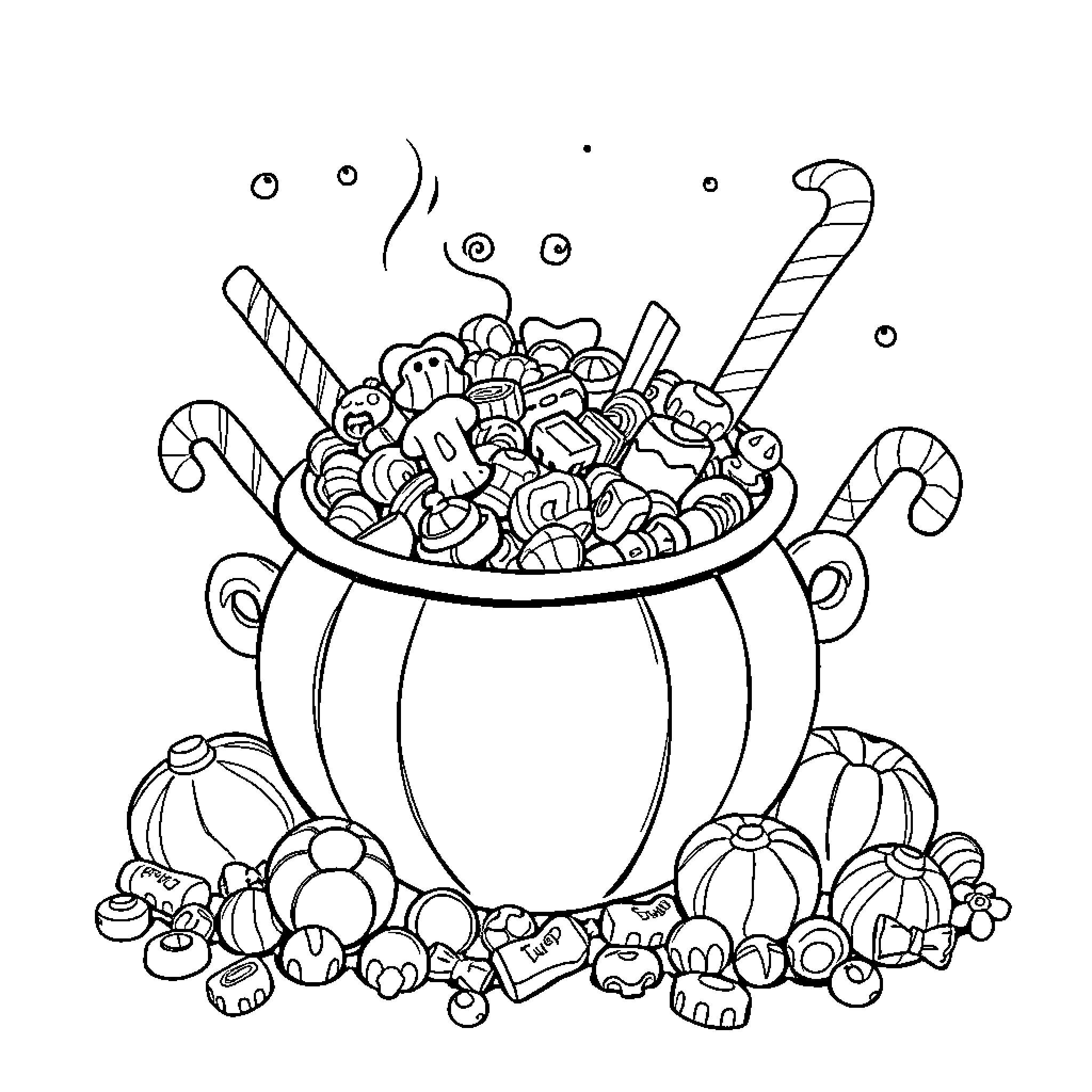 Cauldron of Festive Treats and Trinkets Coloring Page (free black-and-white line drawing printable PDF for all, from beginners to advanced learners, including children, teens, adults, and seniors)
