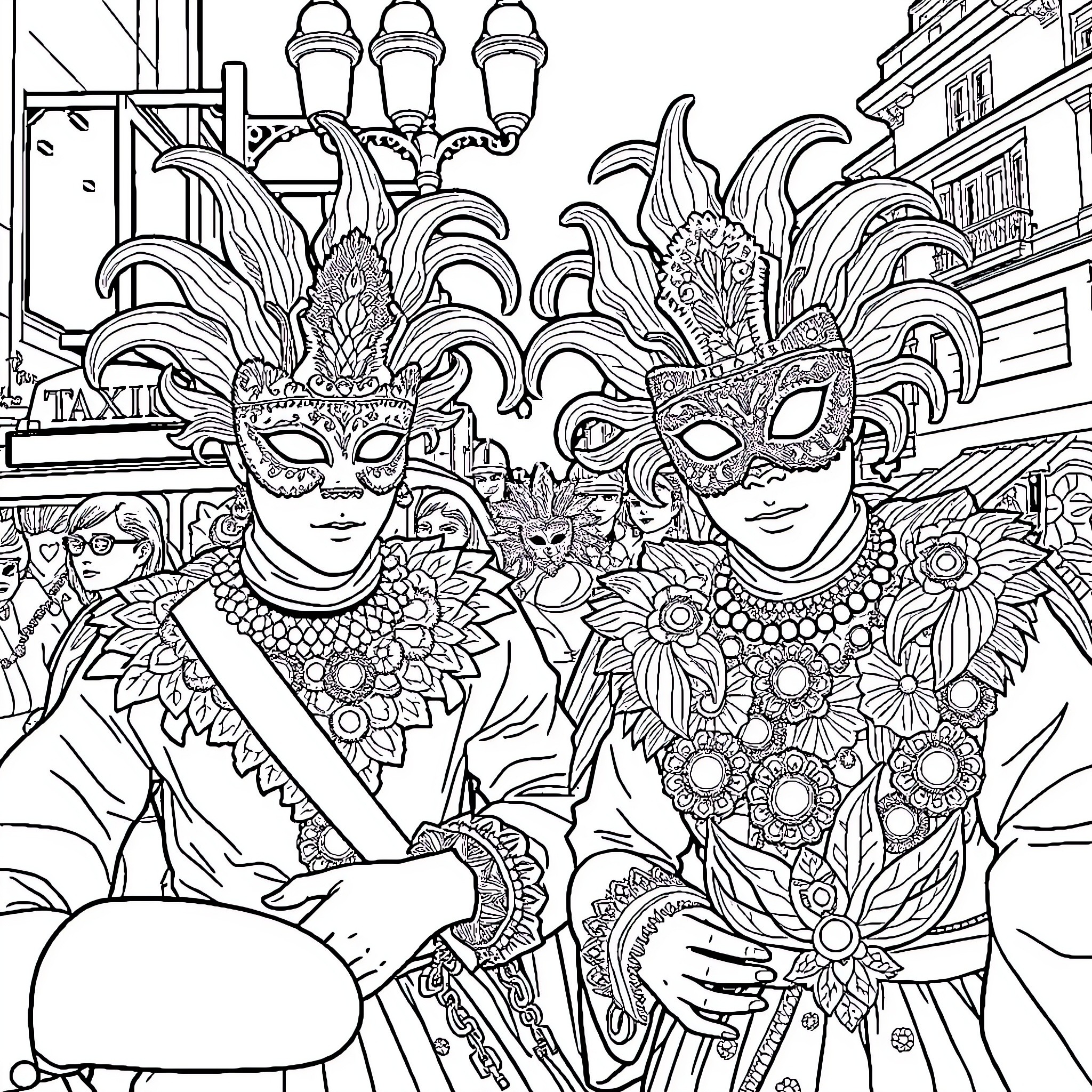 Ball-themed Mardi Gras Celebration with Ornate Masks Coloring Page (free black-and-white line drawing printable PDF for all, from beginners to advanced learners, including children, teens, adults, and seniors)