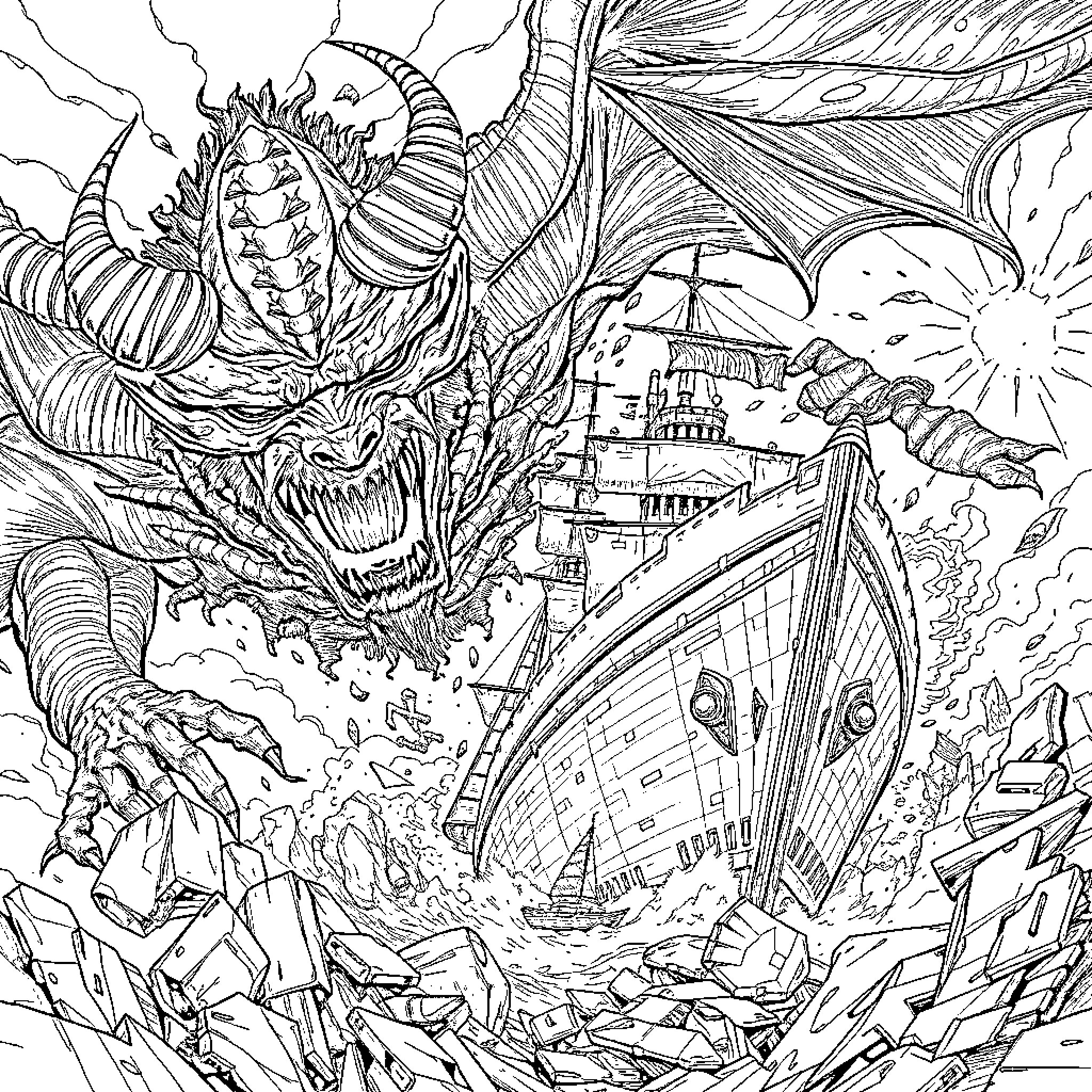 Dreadnought of the Fearsome Dragon's Fury Coloring Page (free black-and-white line drawing printable PDF for all, from beginners to advanced learners, including children, teens, adults, and seniors)